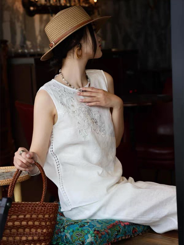 Linen Sleeveless Top & Wide Leg Pants Set - Elegant Beaded Embroidery 3 i1746172416717 1284 0 1