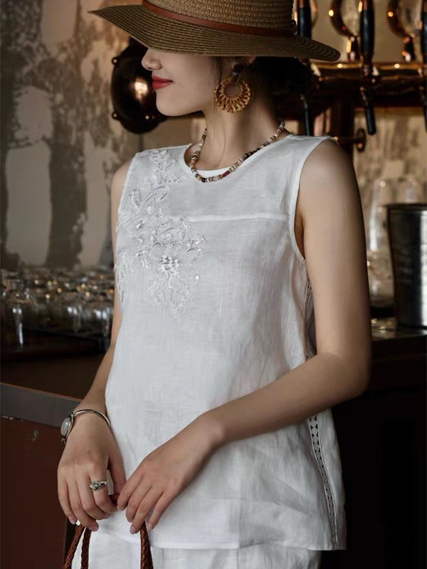 Linen Sleeveless Top & Wide Leg Pants Set - Elegant Beaded Embroidery 2 i1746172416717 3732 0 0