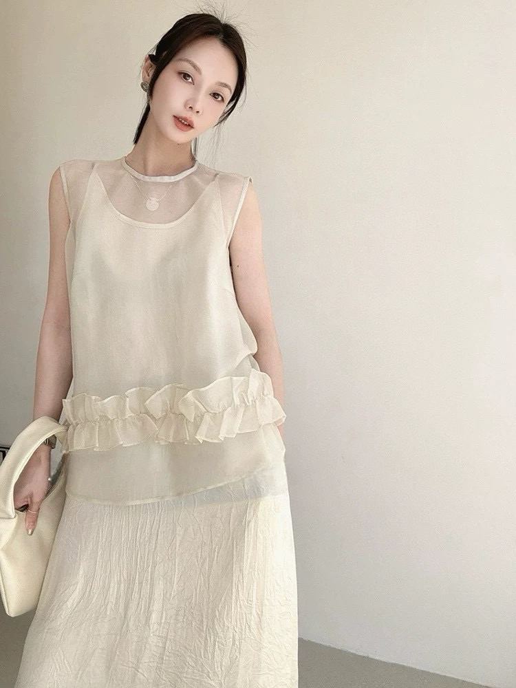 Elegant Silk Organza and Acetate Slip Dress Set - French Style, Ruffle Detail 6 i1749793807093 7017 0 4