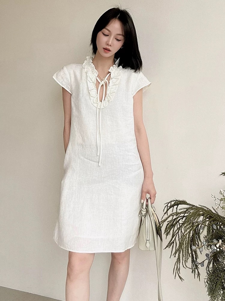 Elegant Linen Blend Mini Dress - Yellow & White, Ruffle Detail, Tie Waist 3 i1750647356751 3819 0 1
