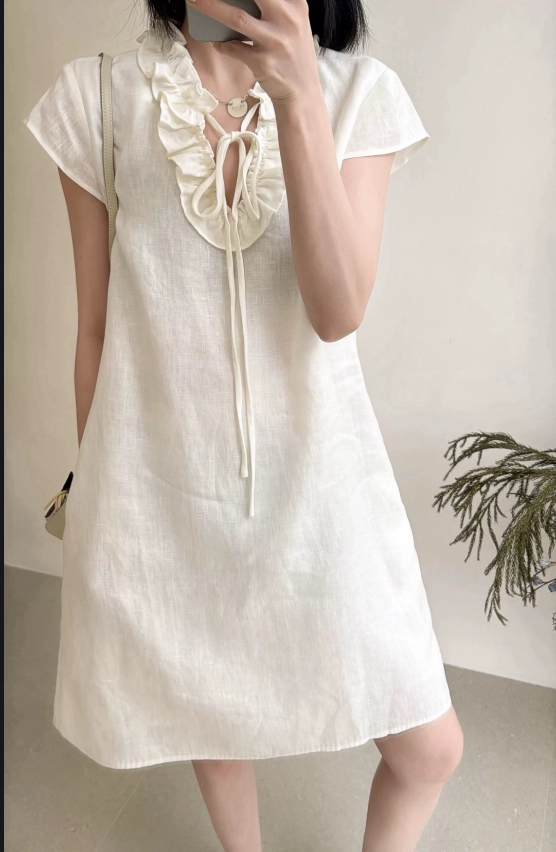 Elegant Linen Blend Mini Dress - Yellow & White, Ruffle Detail, Tie Waist 7 i1750647357059 4576 0 5