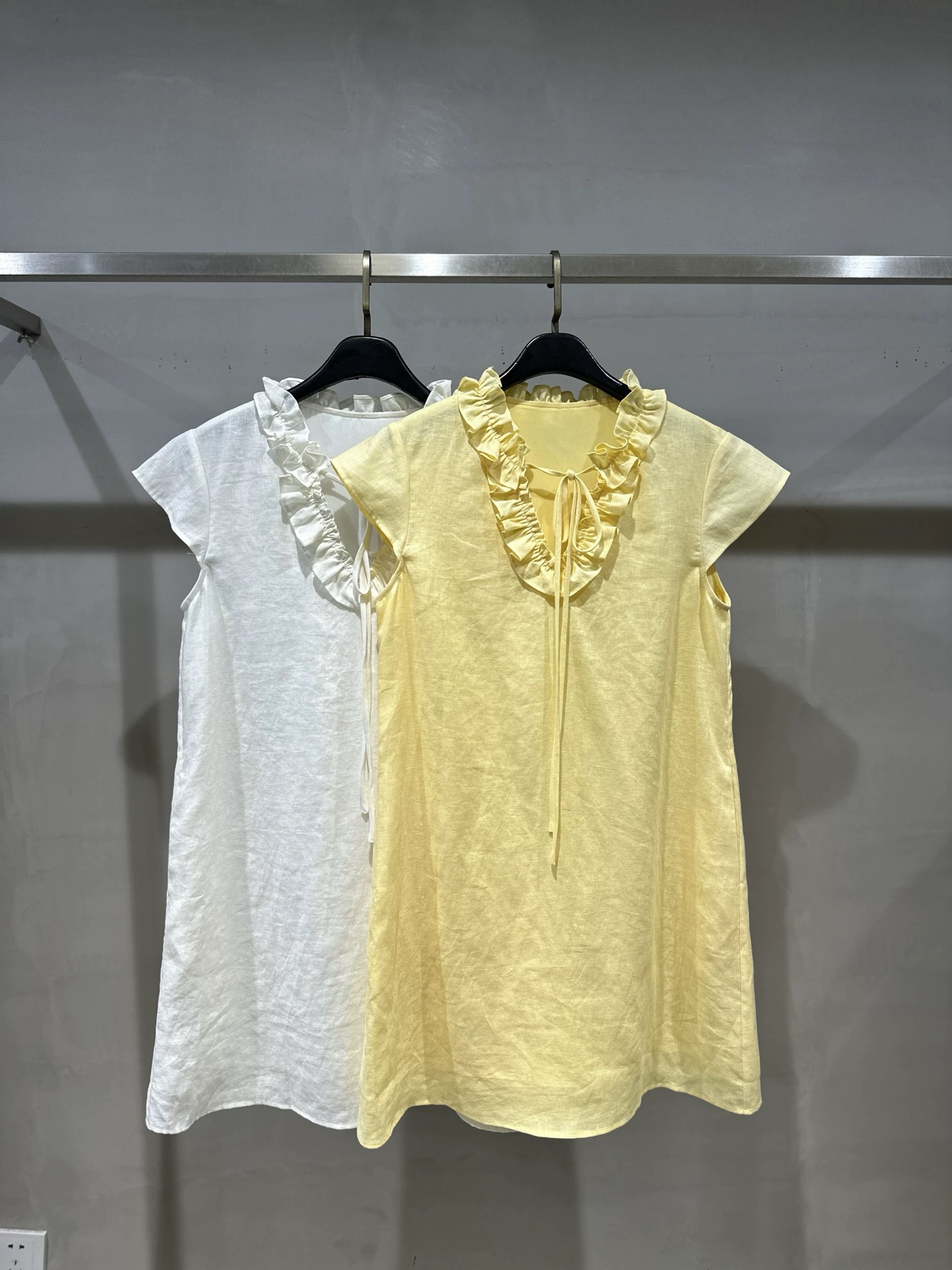 Elegant Linen Blend Mini Dress - Yellow & White, Ruffle Detail, Tie Waist 9 i1750647357536 8693 0 7