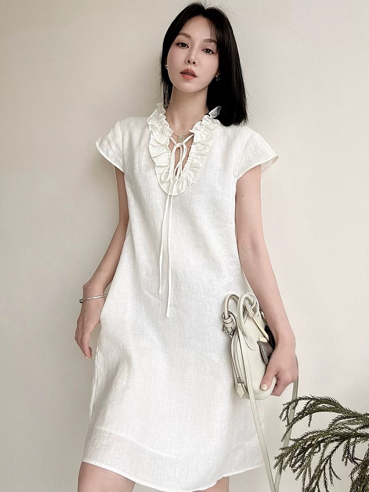 Elegant Linen Blend Mini Dress - Yellow & White, Ruffle Detail, Tie Waist 5 i1750647357802 9830 0 3