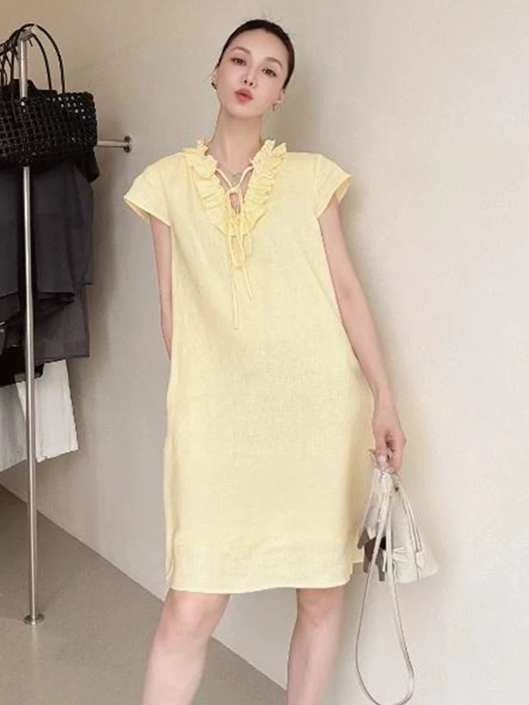 Elegant Linen Blend Mini Dress - Yellow & White, Ruffle Detail, Tie Waist 4 i1750647357824 9404 0 2