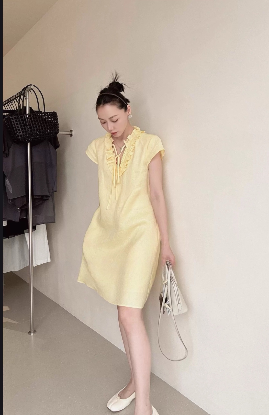Elegant Linen Blend Mini Dress - Yellow & White, Ruffle Detail, Tie Waist 6 i1750647358088 182 0 4