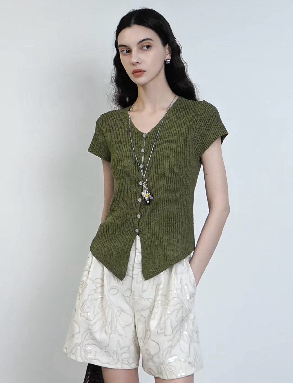 V-Neck Knit Cardigan Top - Casual Slim Fit Split Hem Short Sleeve 2 i1752399129715 3502 0 0