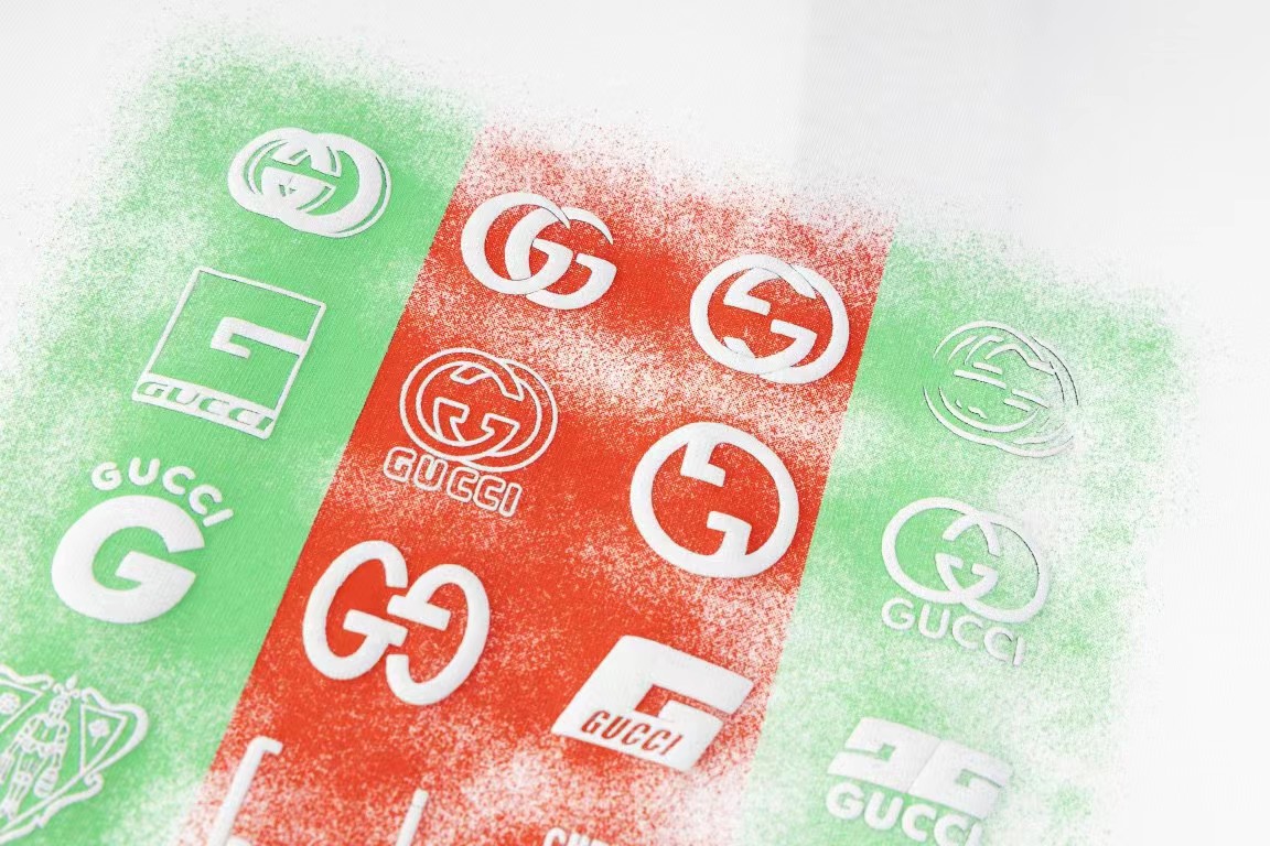 Gucci古奇2024ss早春新款做旧绿色红色网点印花黑色胶浆工艺240克纯棉面料尺码XS-L
