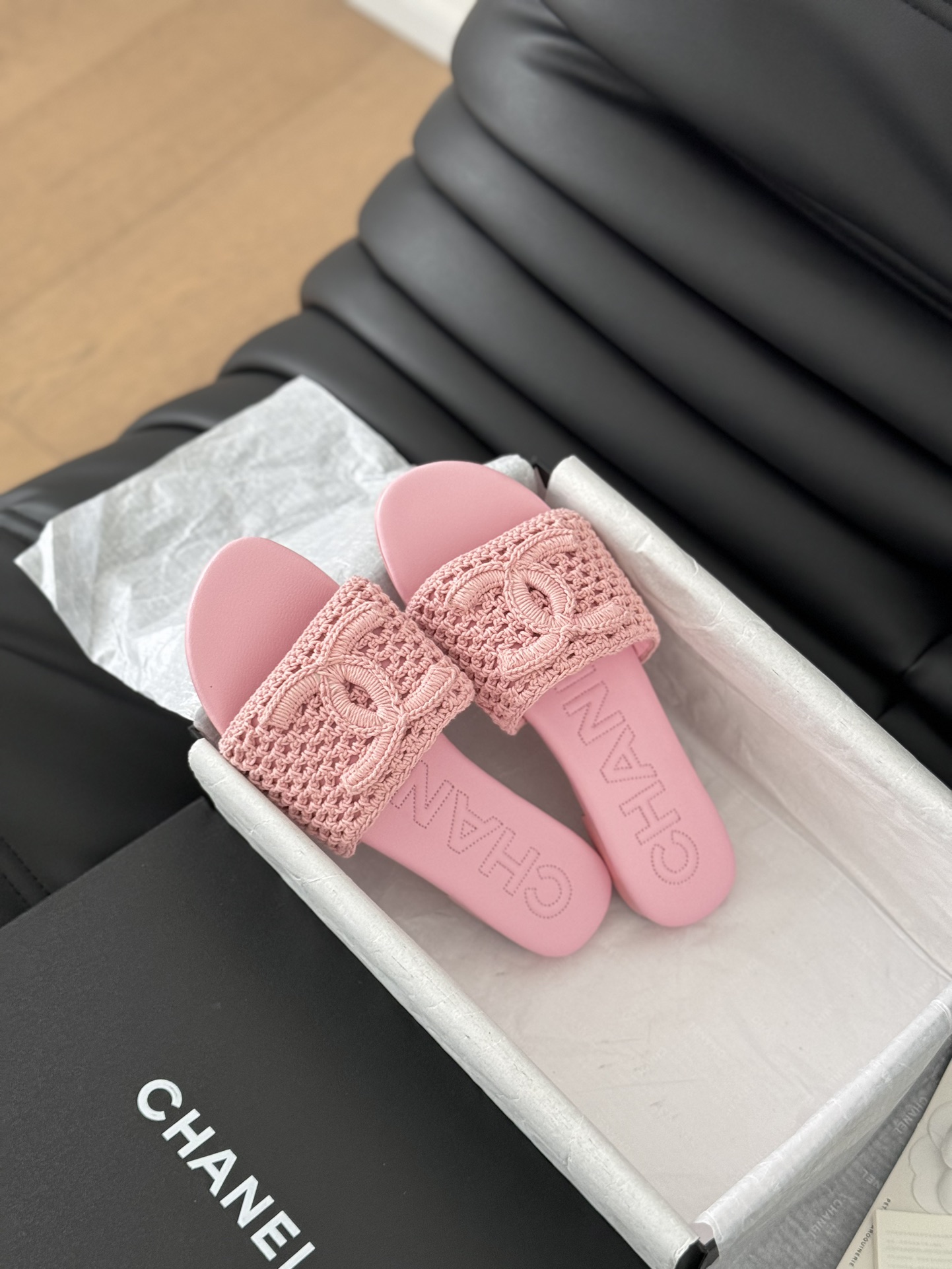 Chanel Zapatos Pantuflas Tejido Dermis Piel de oveja