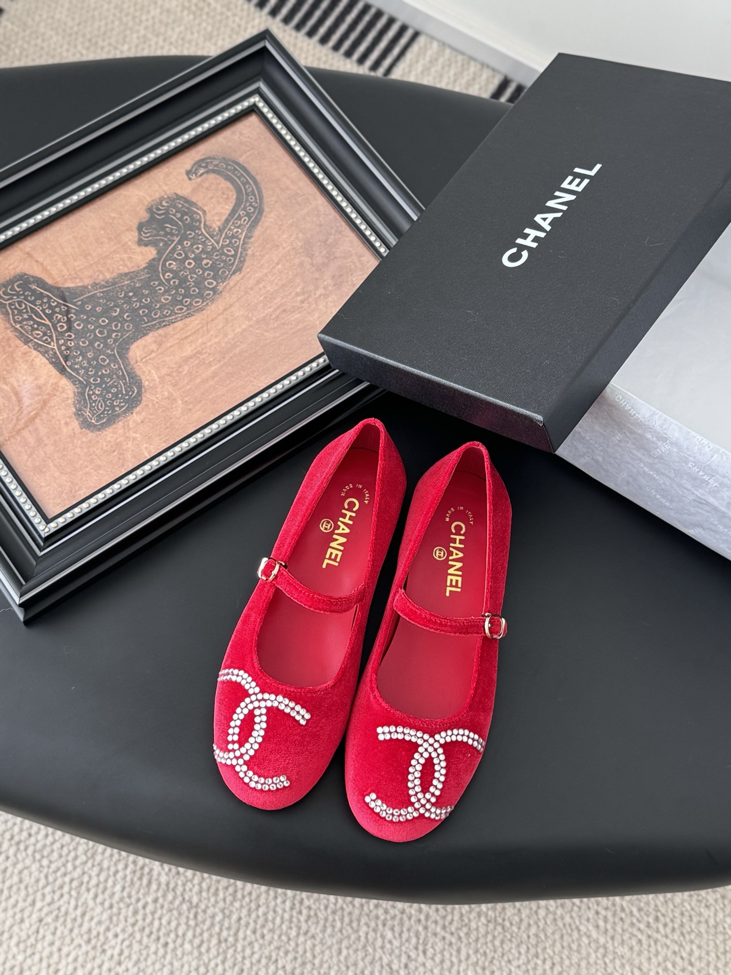 Chanel Red Velvet Loafers with Rhinestone CC Logo, Women's Size 35-39 3 i1741618847874 2763 0 0