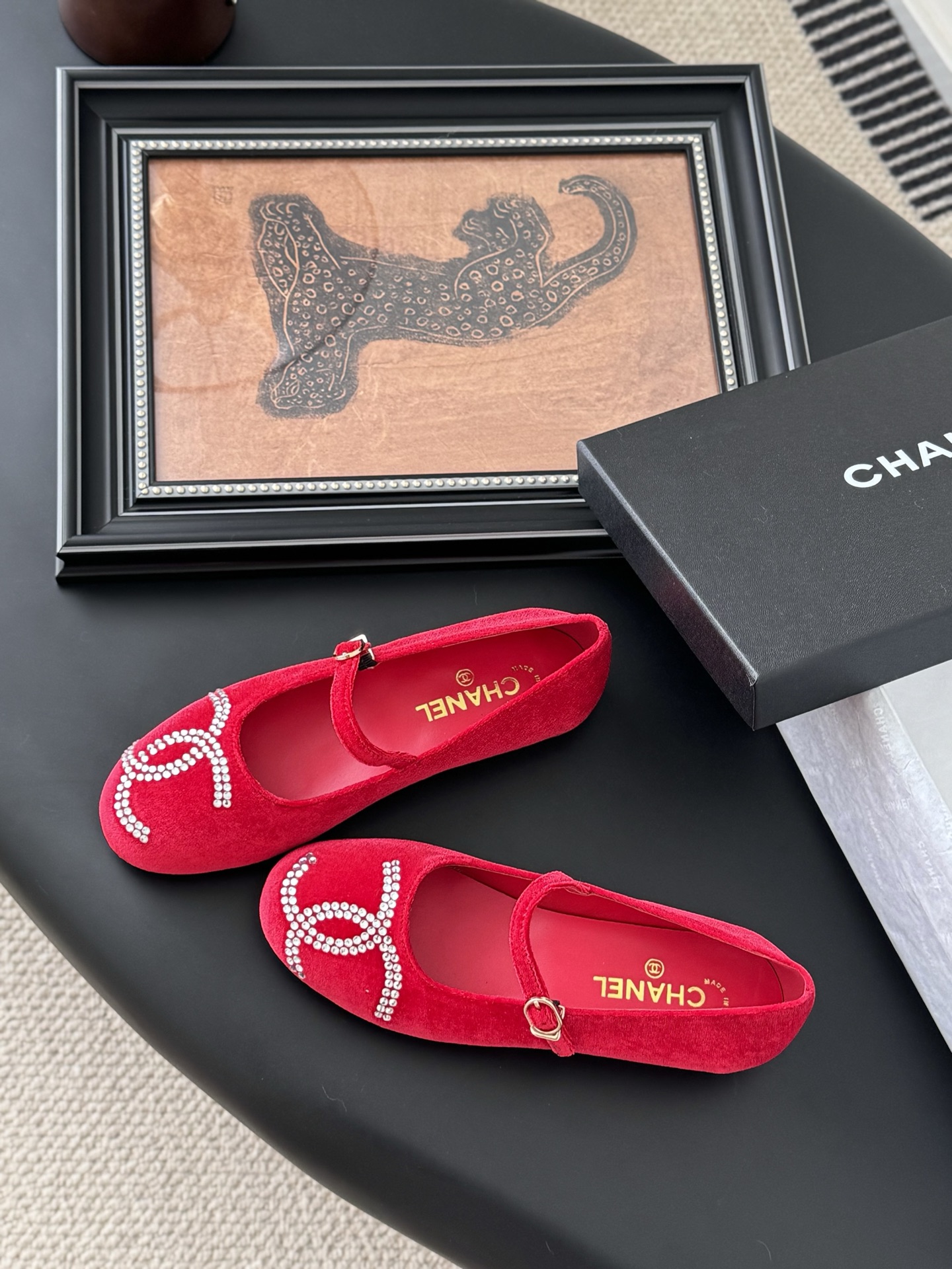 Chanel Red Velvet Loafers with Rhinestone CC Logo, Women's Size 35-39