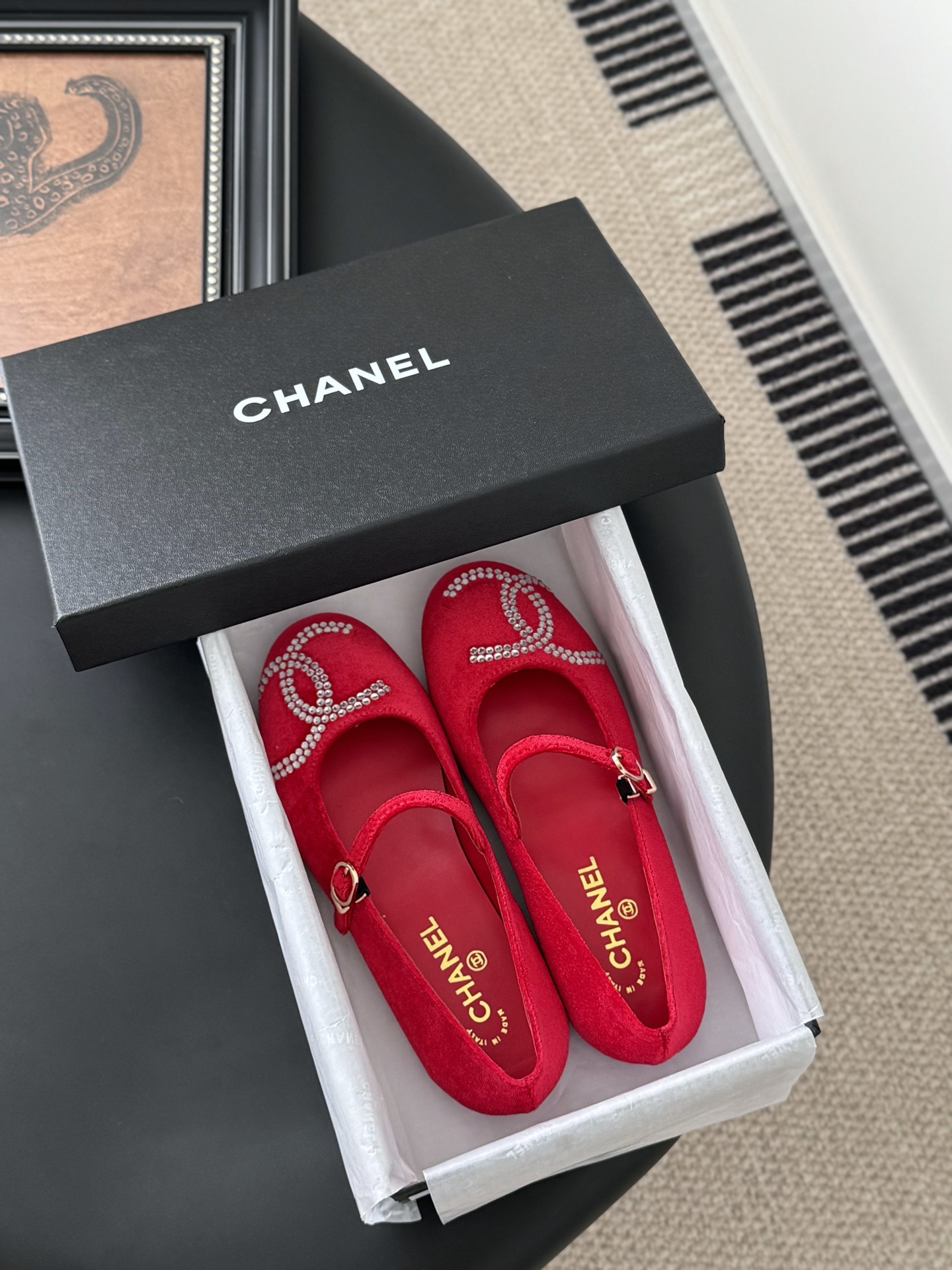 Chanel Red Velvet Loafers with Rhinestone CC Logo, Women's Size 35-39 10 i1741618849006 8321 0 8