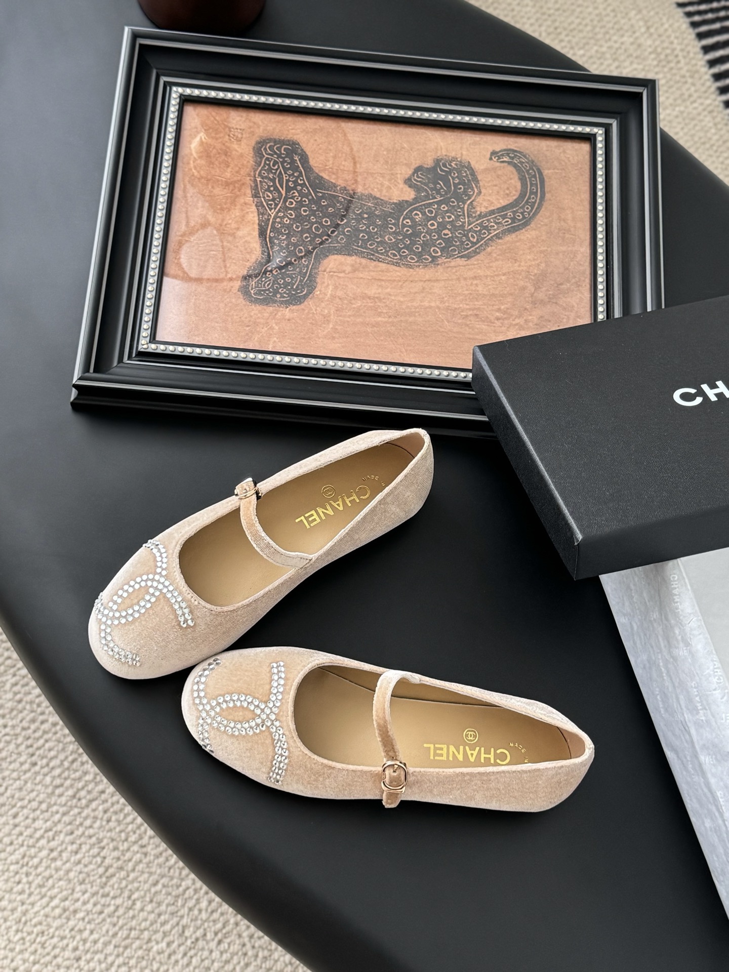 Chanel Women's Beige Velvet Loafers with Rhinestone Logo Accent