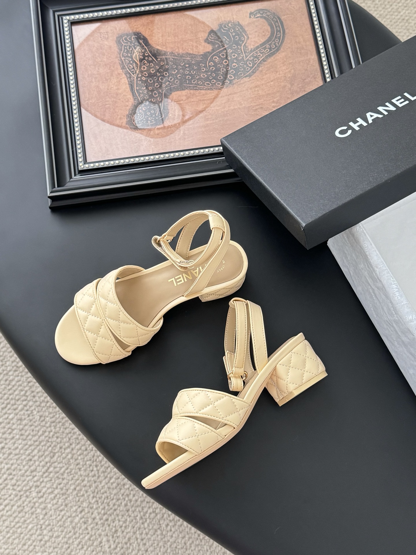 Chanel Women's Beige Leather Quilted Mary Jane Block Heel Sandals