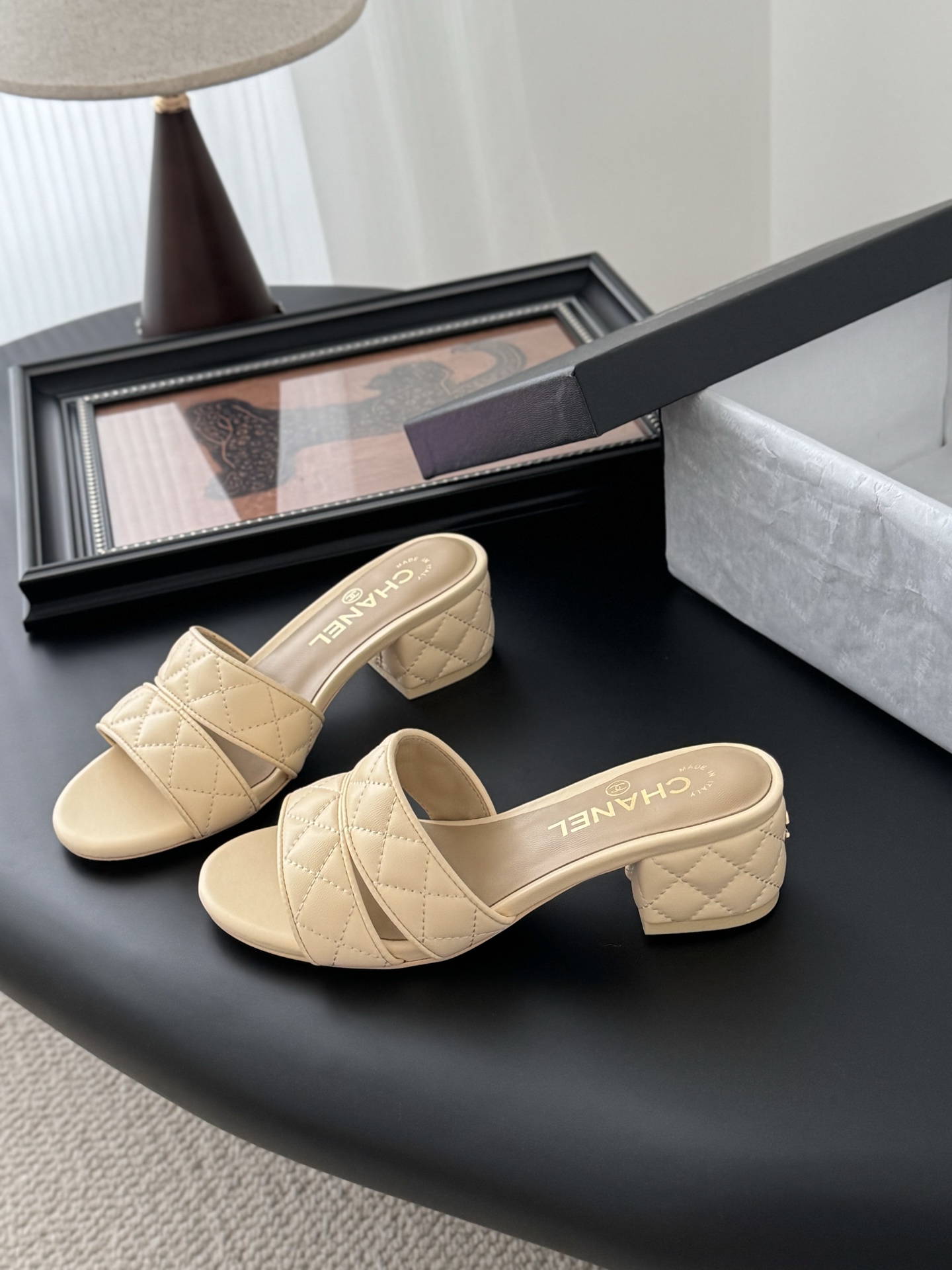 Chanel Women's Beige Leather Quilted Block Heel Slide Sandals 4 i1742060790158 9904 0 1