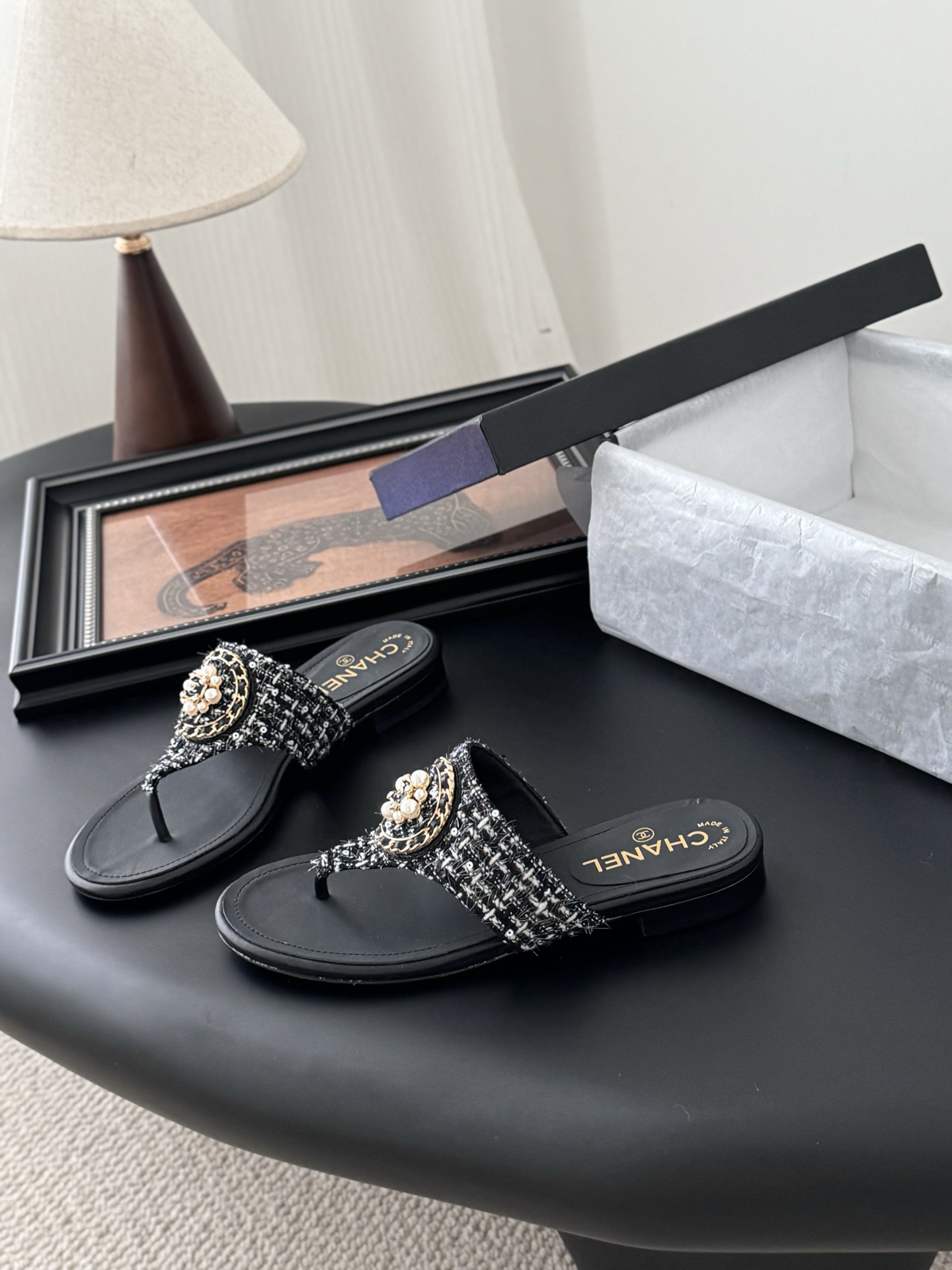 Chanel Classic T-Strap Sandals with Tweed and Pearl Embellishments 1 Chanel Classic T-Strap Sandals with Tweed and Pearl Embellishments