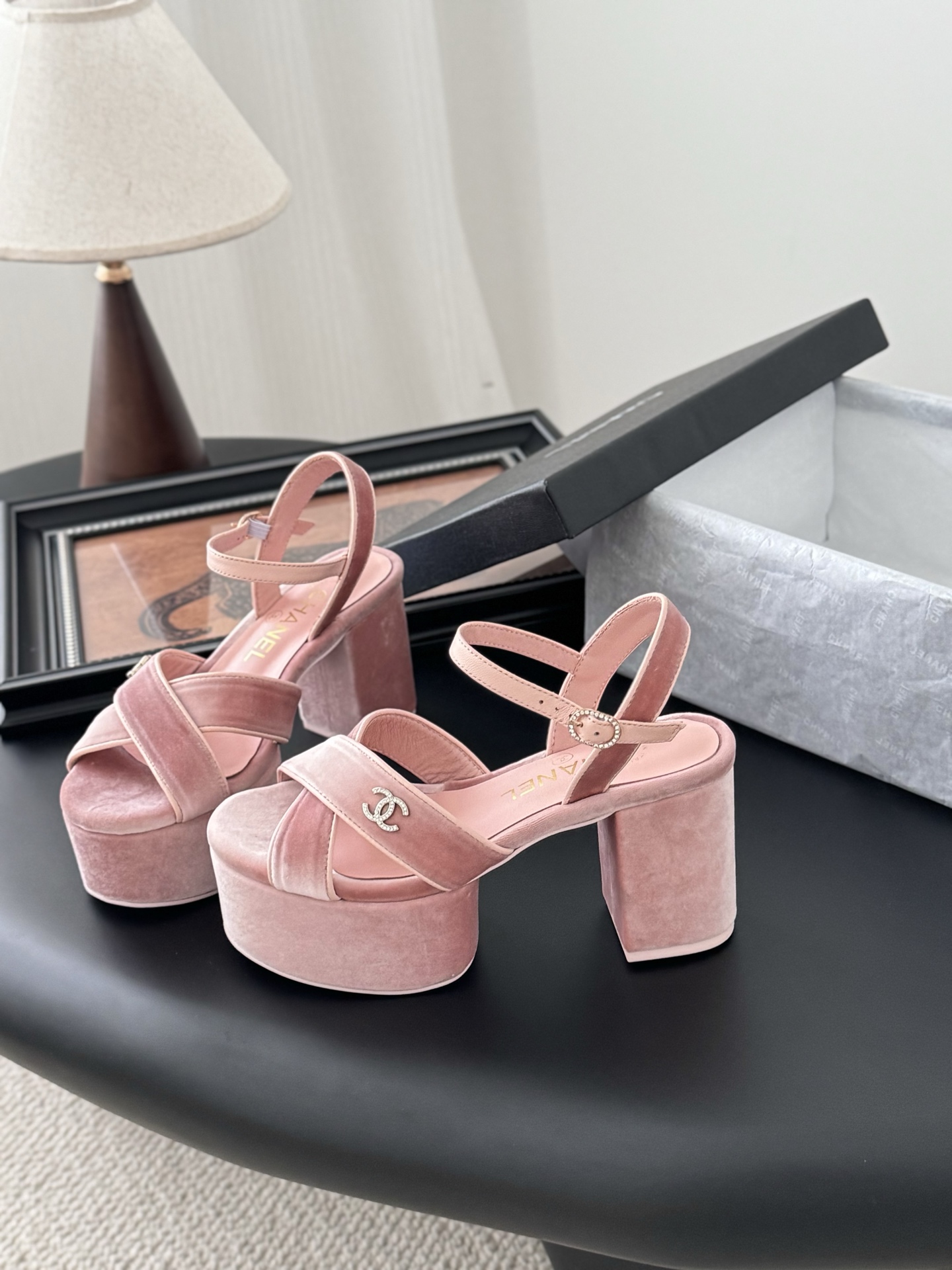 Chanel 25A Pink Velvet Platform Sandals - Spring/Summer Collection 1 Chanel 25A Pink Velvet Platform Sandals - Spring/Summer Collection