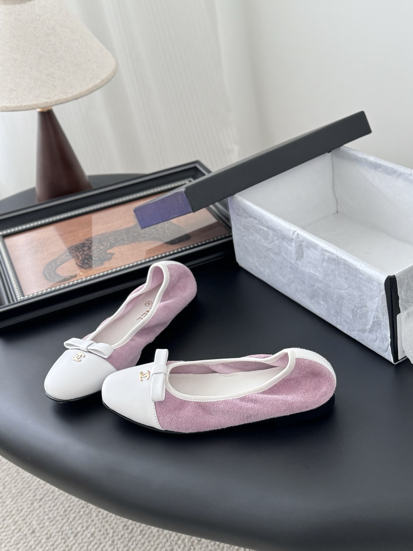 Chanel Ballet Flats Pink Suede and White Leather with Bow Accent 1 Chanel Ballet Flats Pink Suede and White Leather with Bow Accent