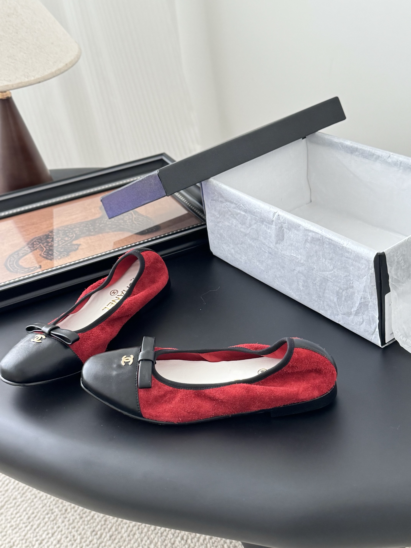 Chanel Women's Ballet Flats Red Suede and Black Leather CC Logo Shoes 2 i1745936987530 3927 0 1