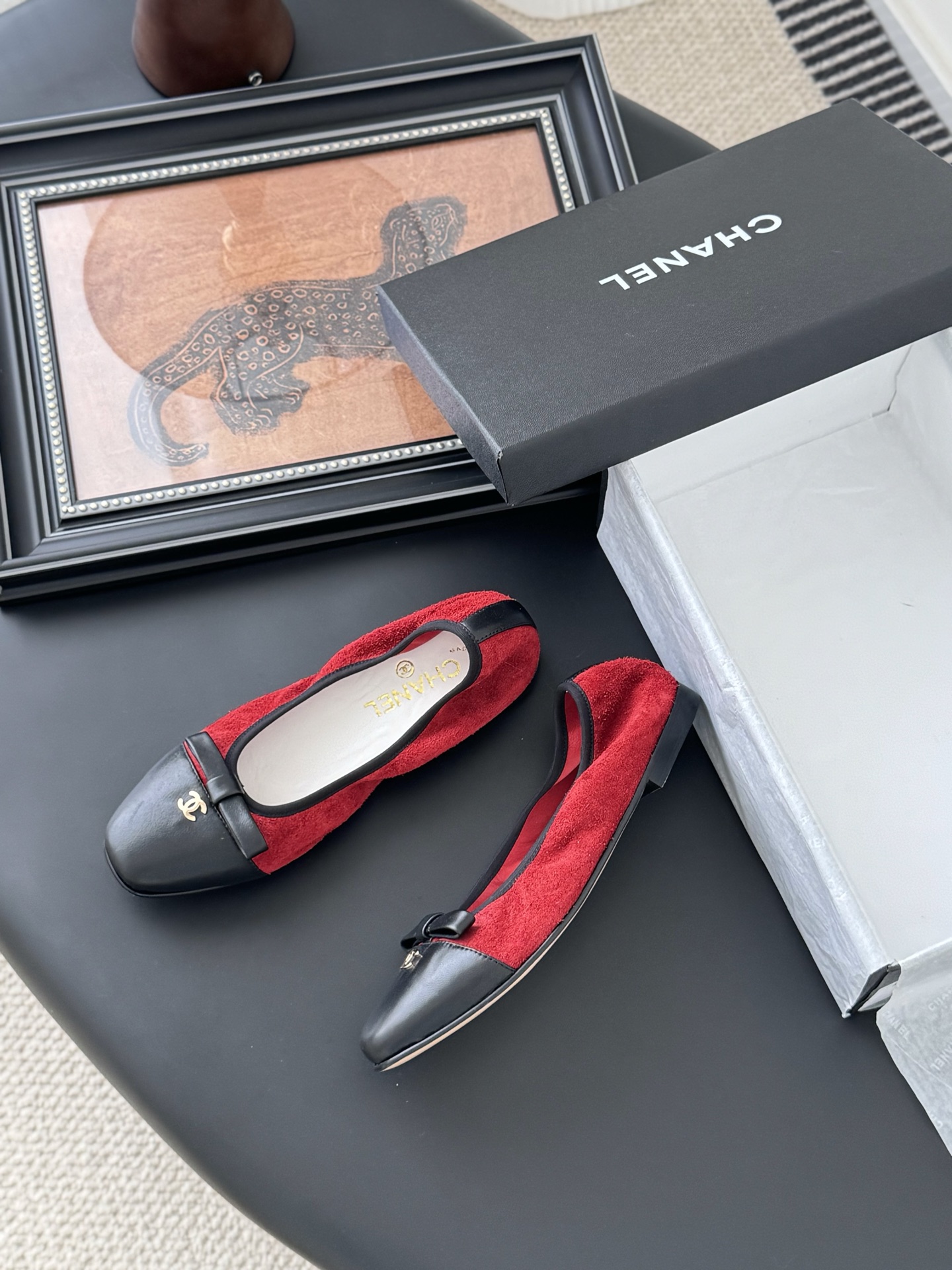 Chanel Women's Ballet Flats Red Suede and Black Leather CC Logo Shoes 5 i1745936987559 9441 0 3