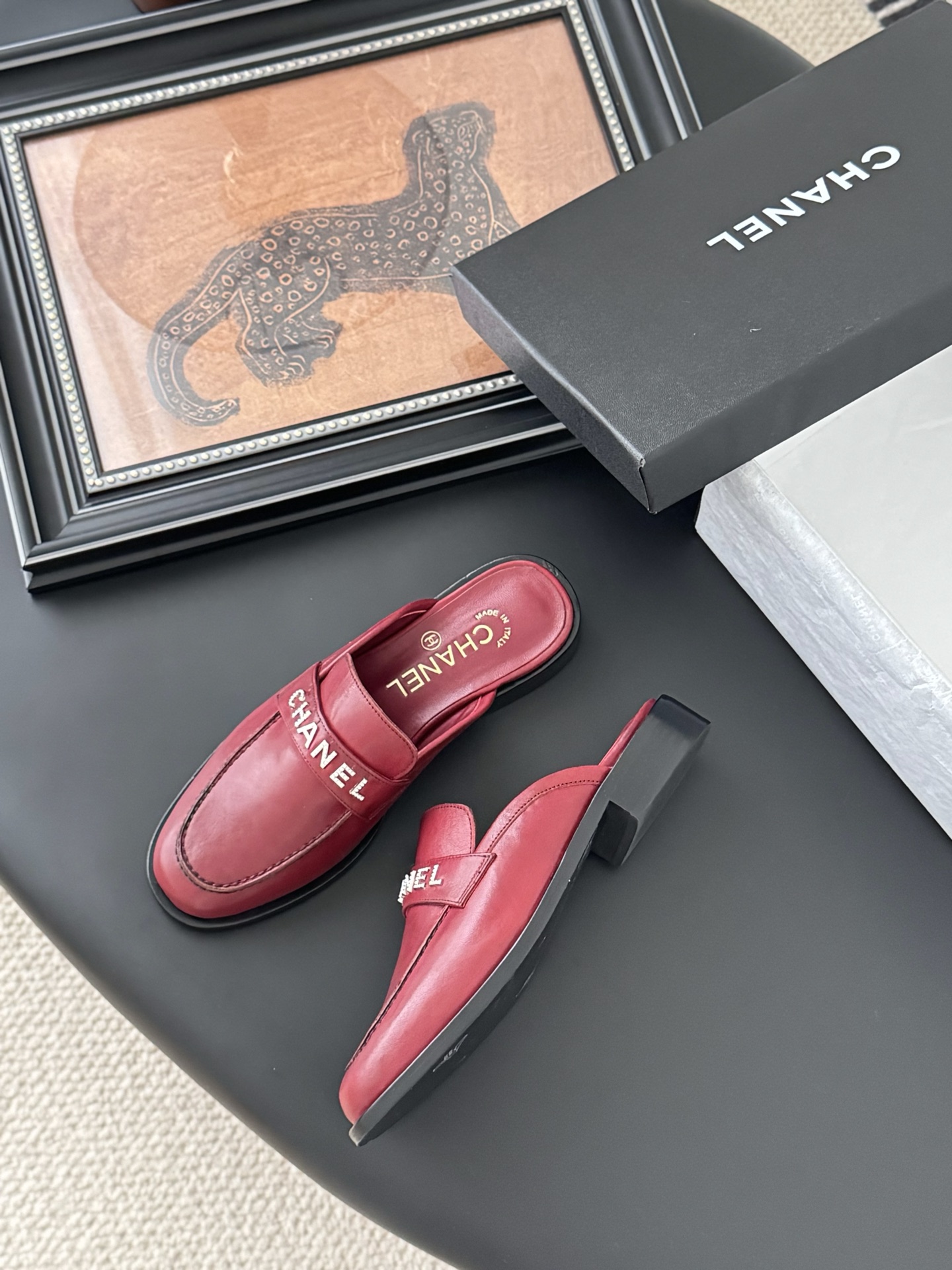 Chanel Women's Burgundy Leather Loafers Mules Retro Designer Shoes 1 Chanel Women's Burgundy Leather Loafers Mules Retro Designer Shoes