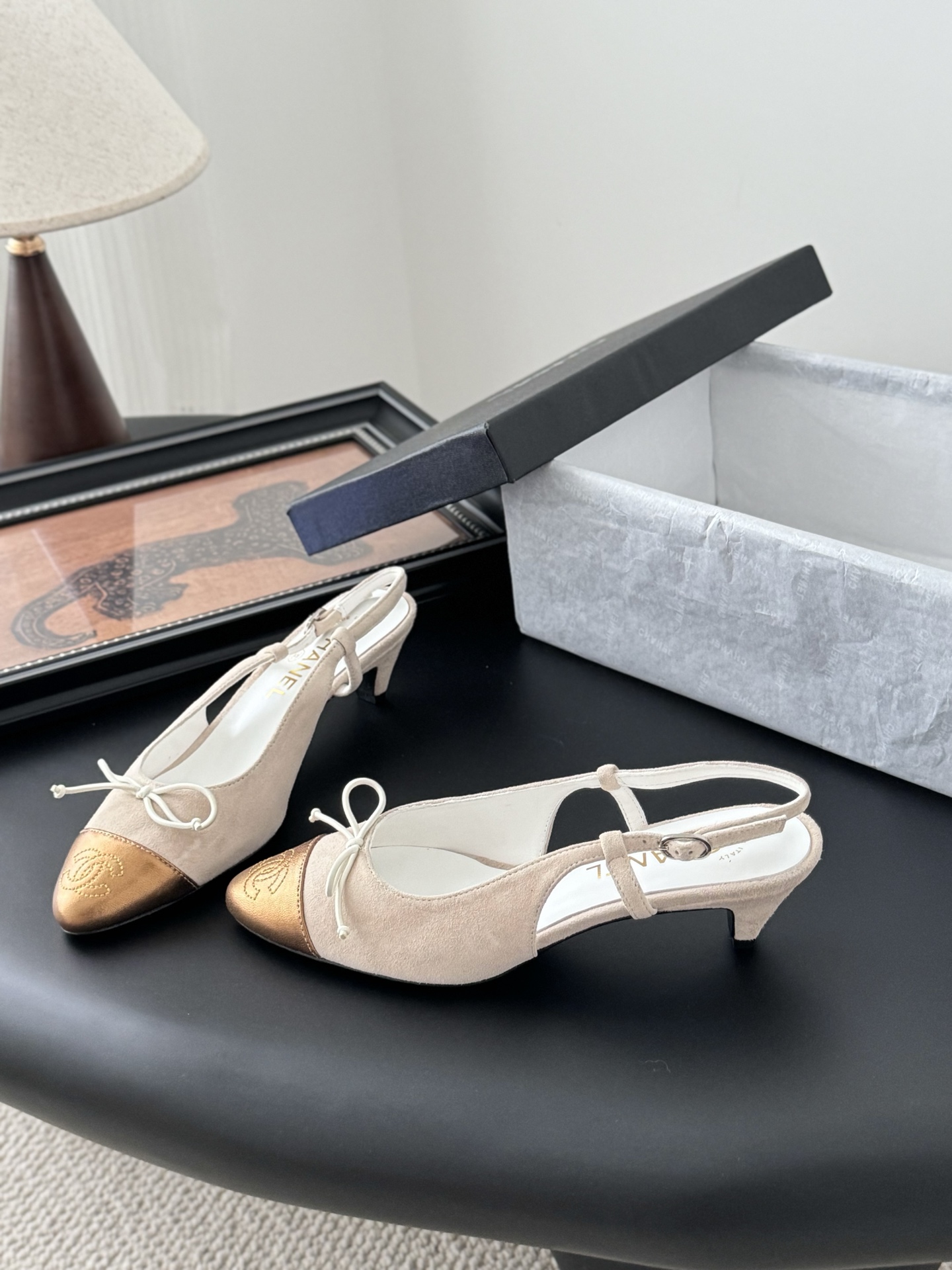 Chanel 25K Mary Jane Slingback Sandals Suede Beige/Gold Heels 4 i1746553500626 2160 0 1