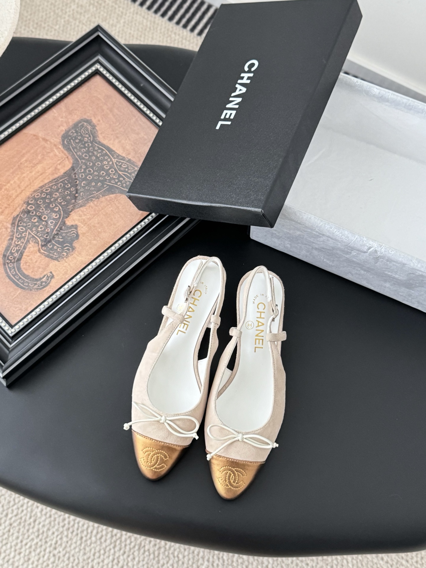 Chanel 25K Mary Jane Slingback Sandals Suede Beige/Gold Heels 3 i1746553500658 6642 0 0