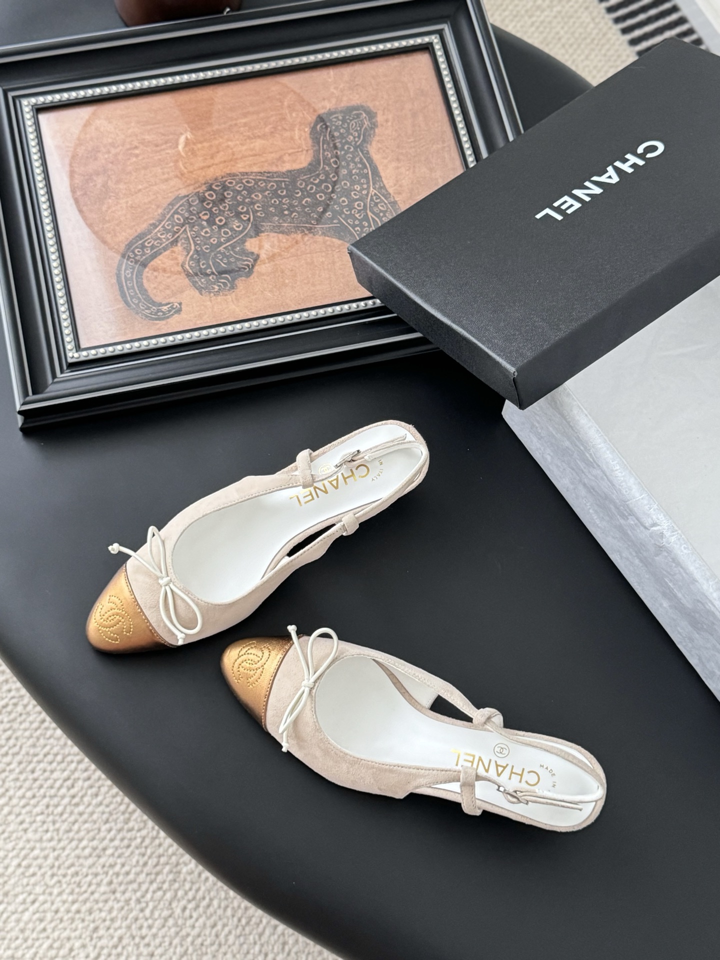 Chanel 25K Mary Jane Slingback Sandals Suede Beige/Gold Heels 7 i1746553500723 7999 0 5