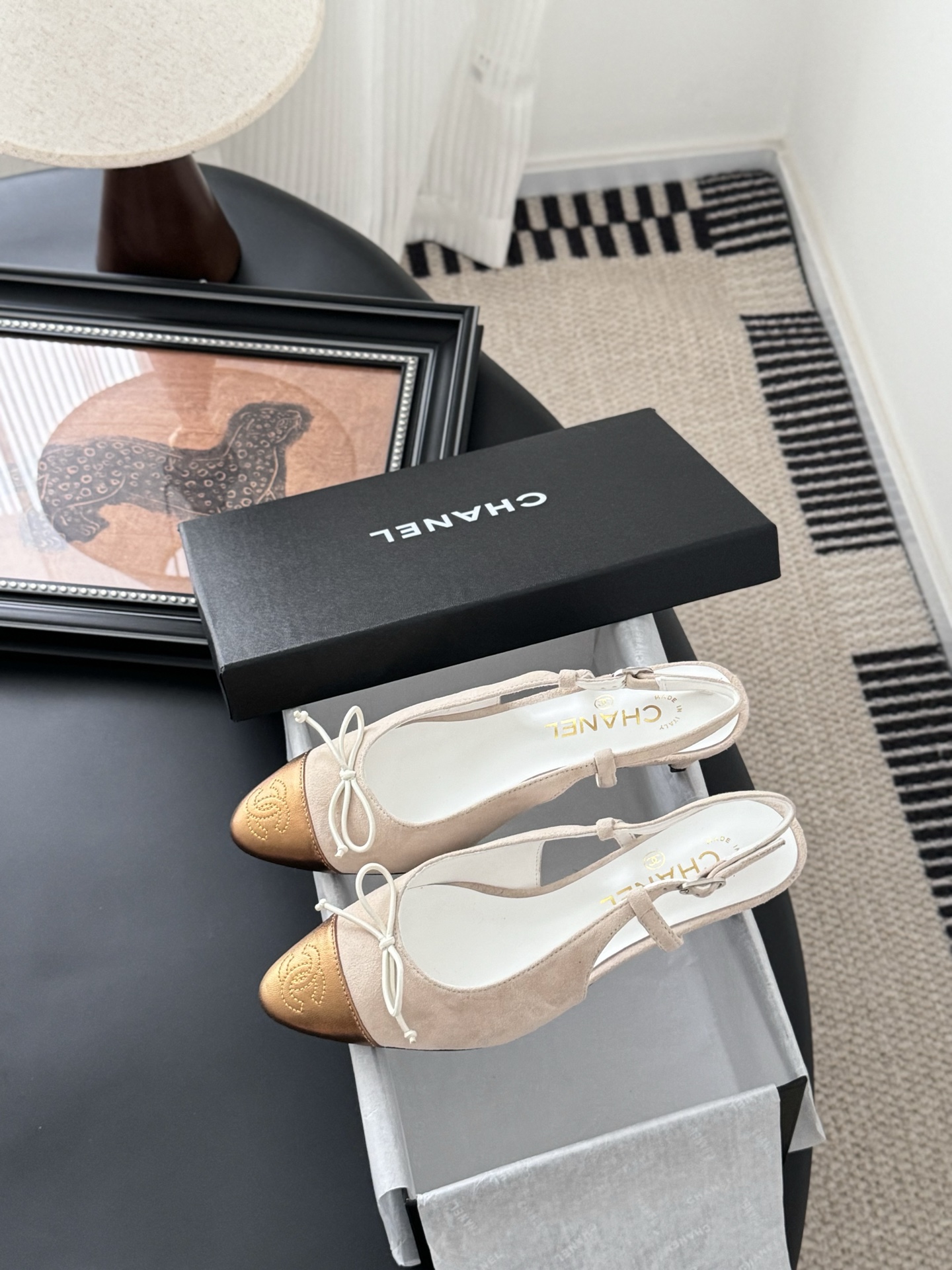 Chanel 25K Mary Jane Slingback Sandals Suede Beige/Gold Heels 10 i1746553501565 4284 0 8