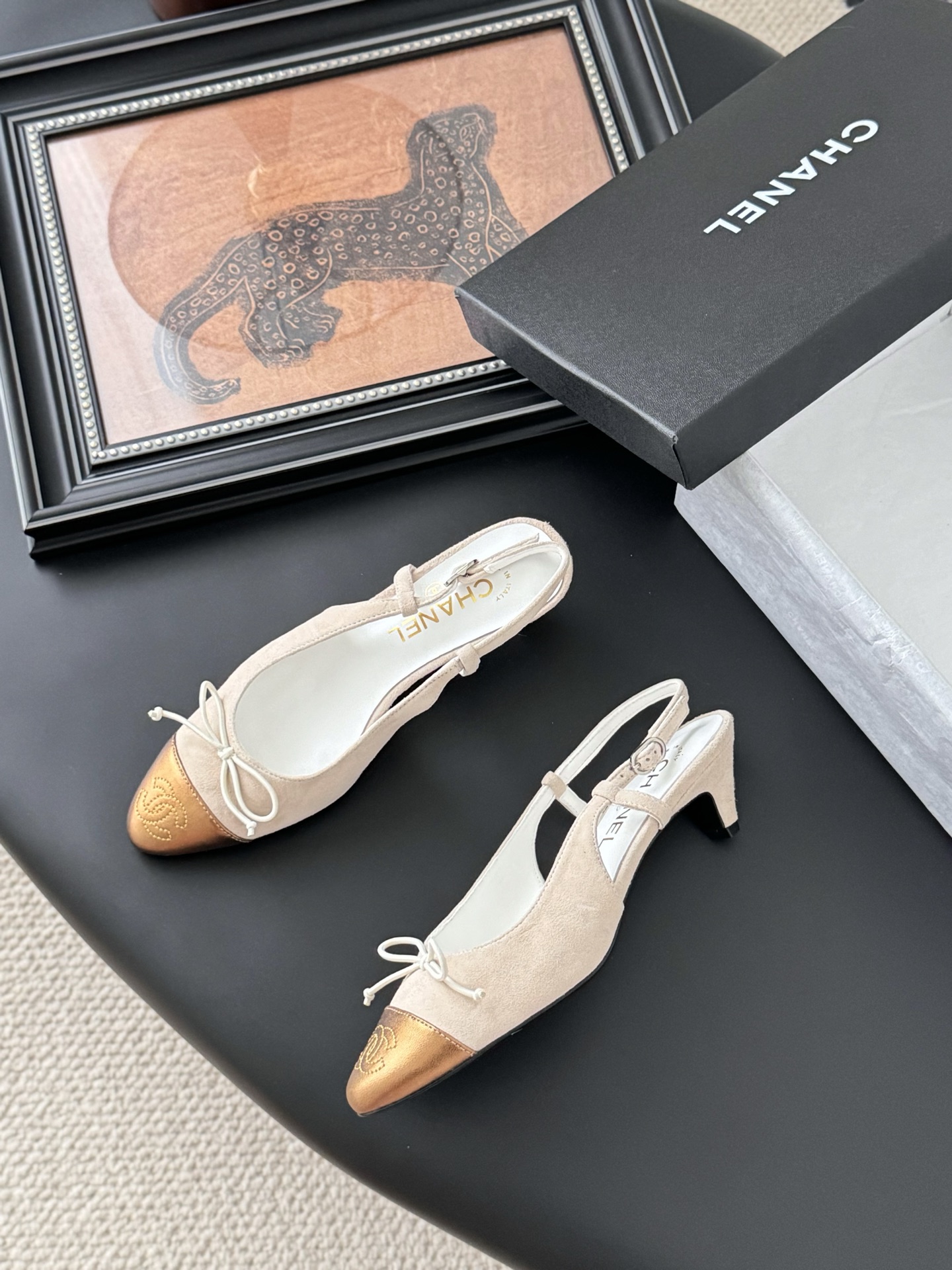 Chanel 25K Mary Jane Slingback Sandals Suede Beige/Gold Heels 1 Chanel 25K Mary Jane Slingback Sandals Suede Beige/Gold Heels