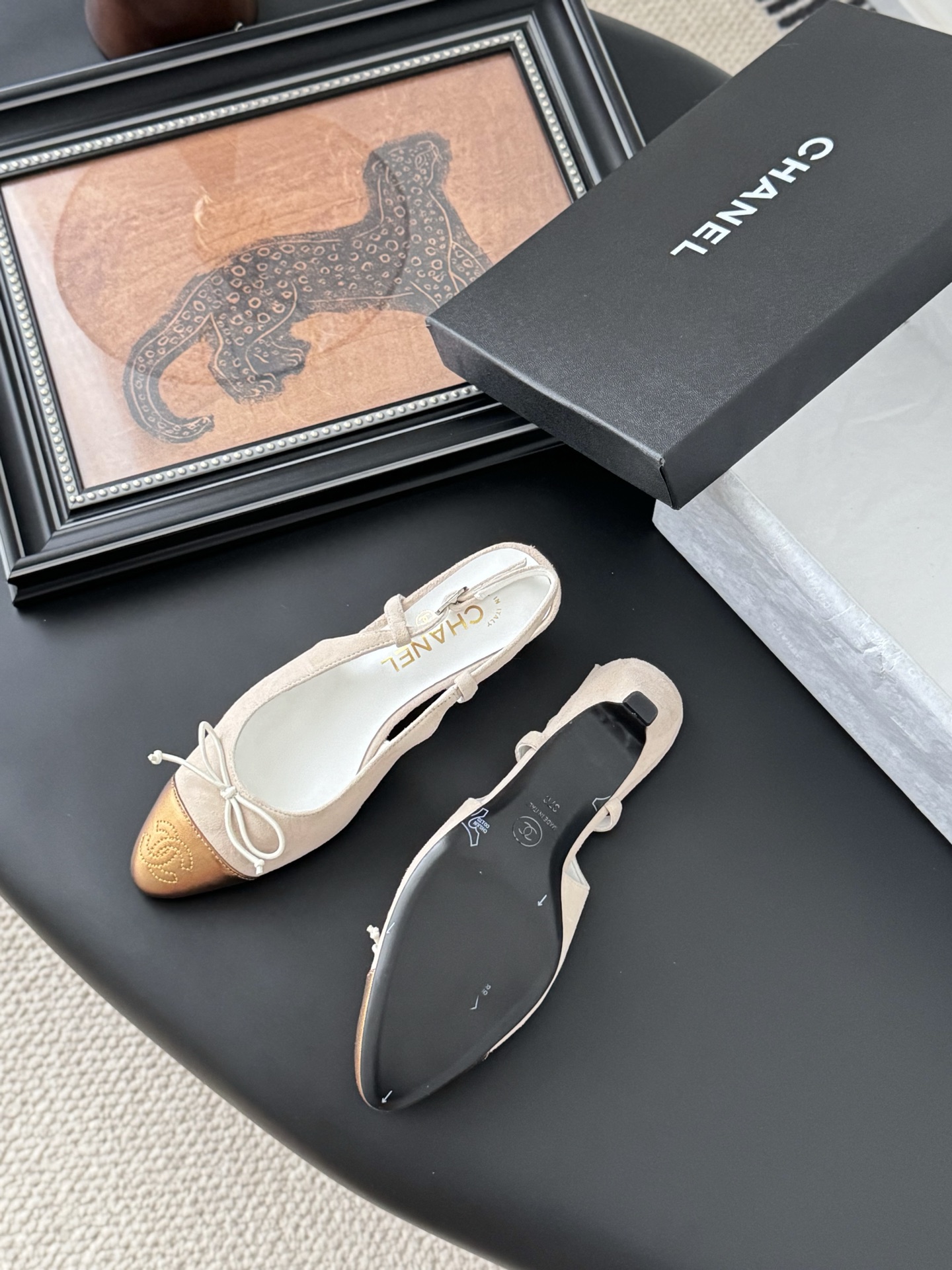 Chanel 25K Mary Jane Slingback Sandals Suede Beige/Gold Heels 6 i1746553501637 2936 0 4