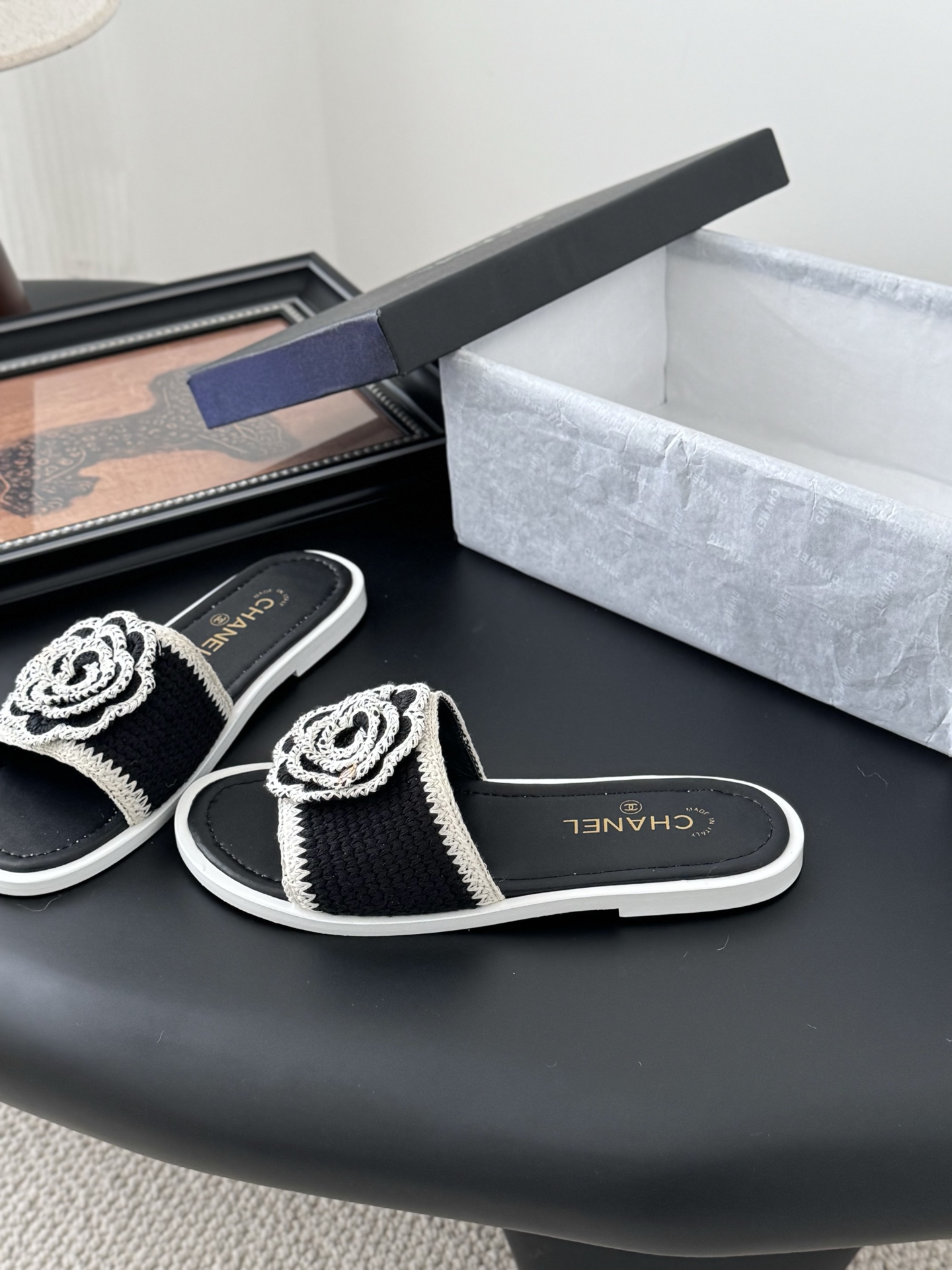 Chanel 25K Camellia Knit Upper Leather Sole Women's Sandals Slides 4 i1746730426865 425 0 1