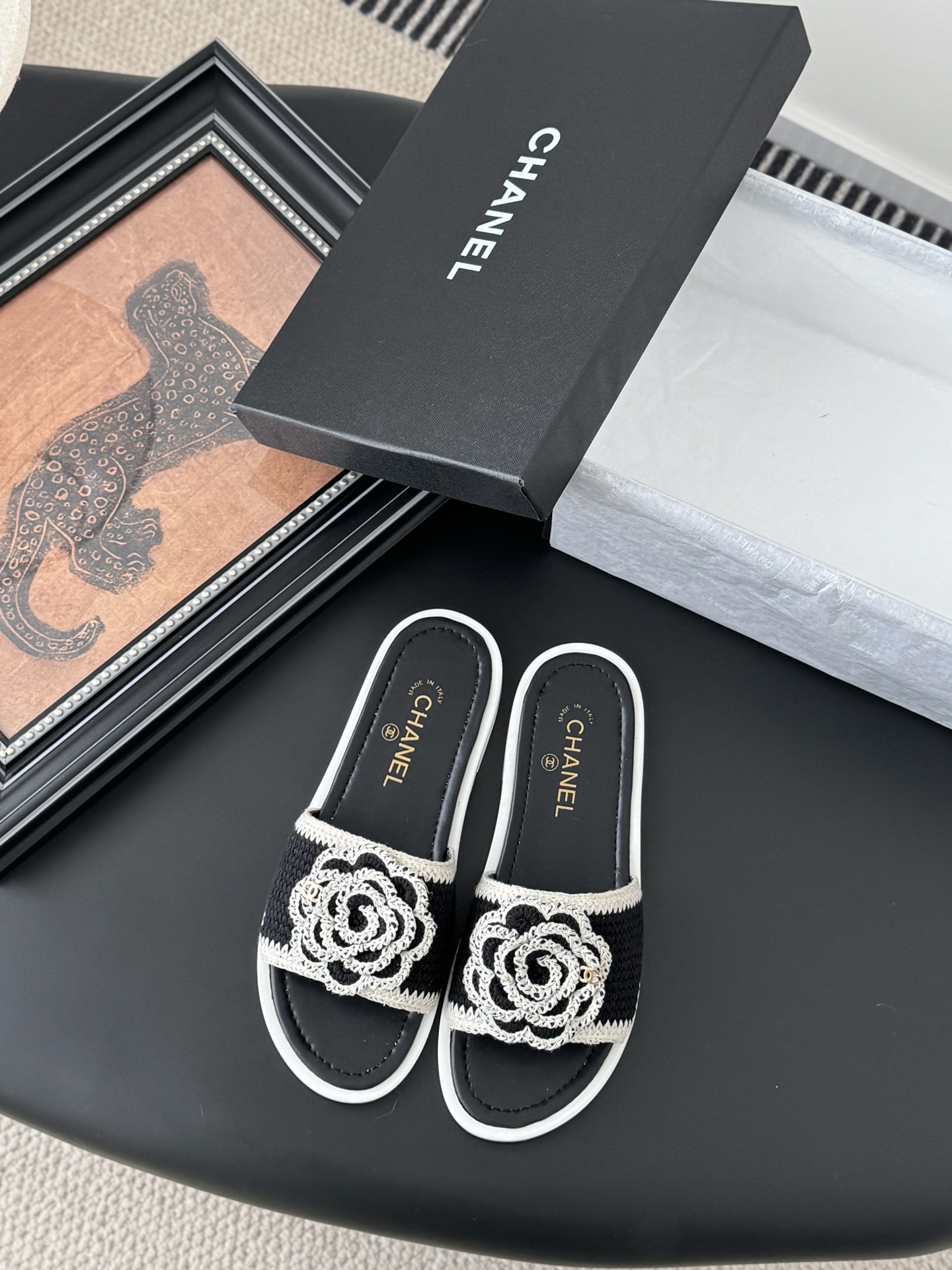 Chanel 25K Camellia Knit Upper Leather Sole Women's Sandals Slides 3 i1746730427825 66 0 0