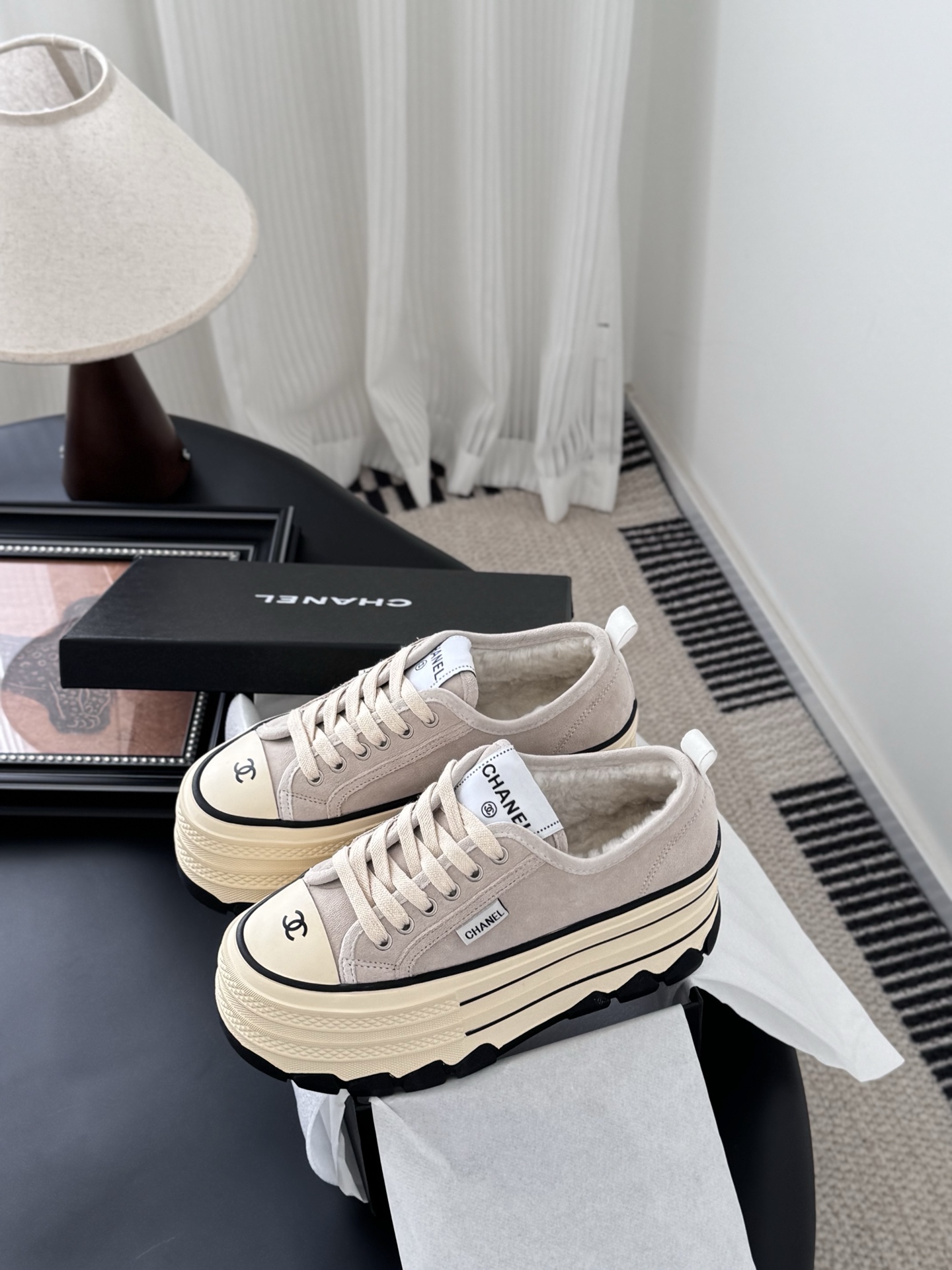 Chanel Women's Beige Wool-Lined Platform Sneakers with Double C Accent