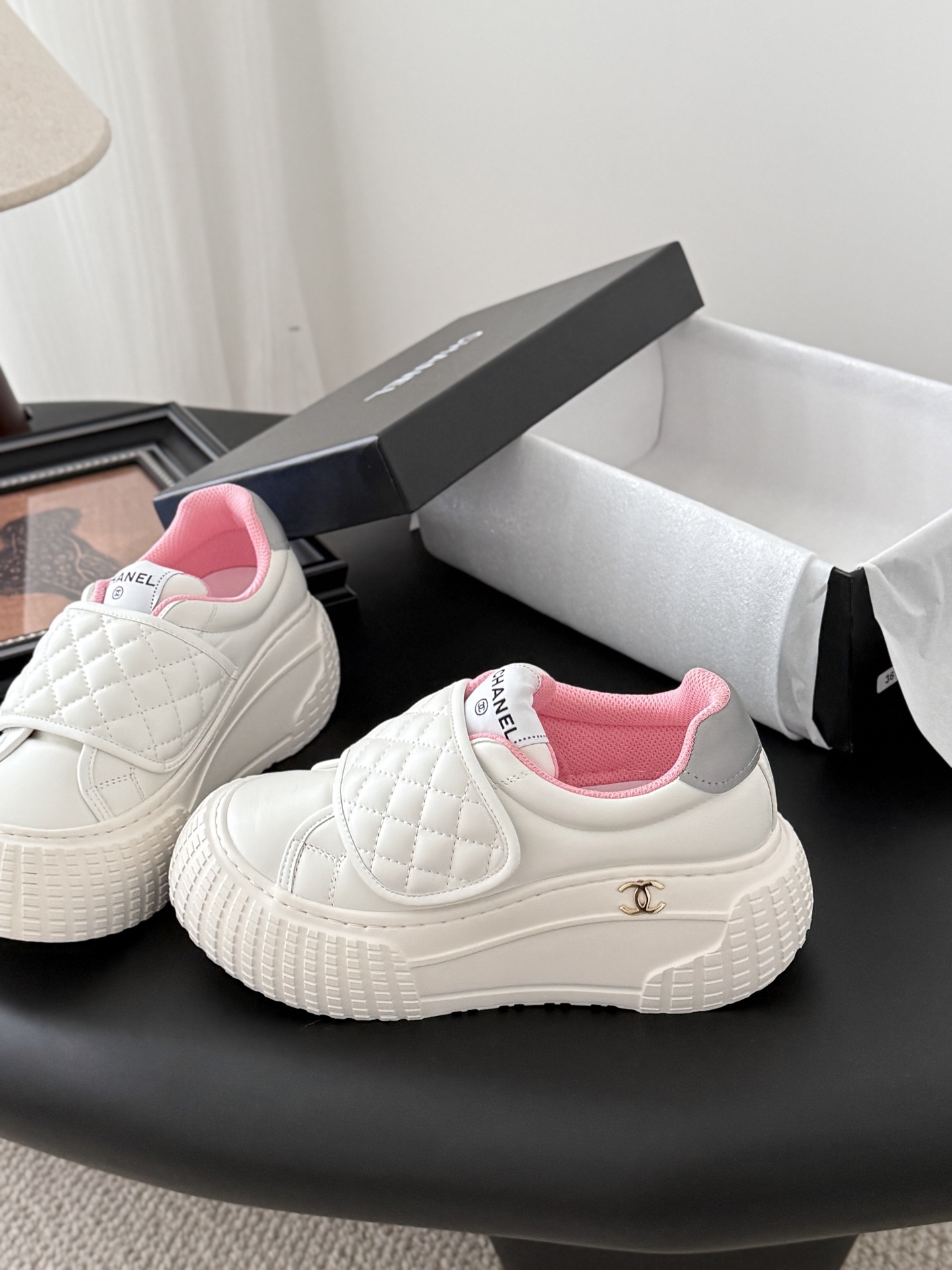 Chanel Women's White Leather Sneakers Silver Horn King Casual Shoes
