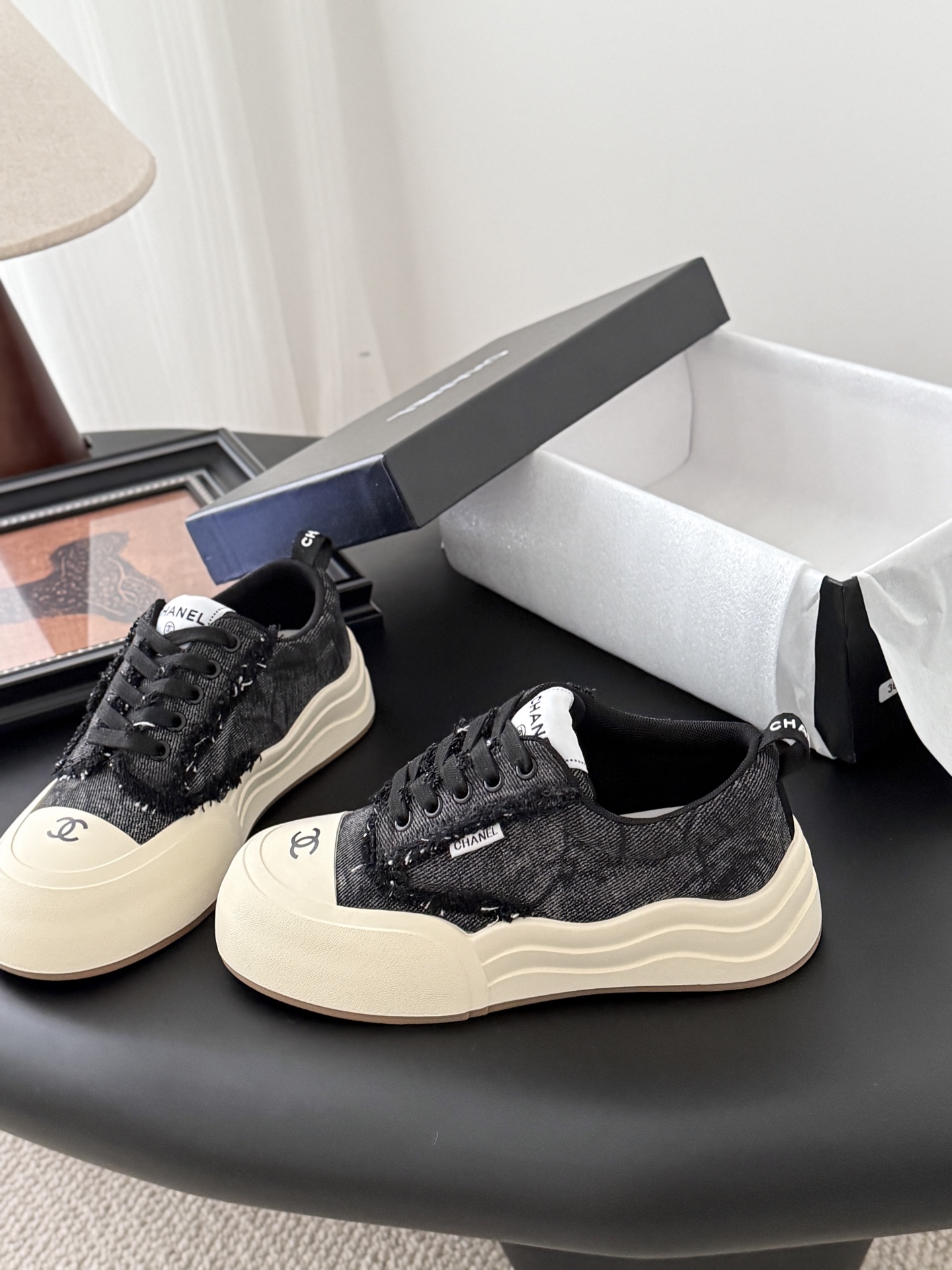 Chanel Women's Black Tweed Sneakers Classic Lace-Up Casual Shoes Size 35-40