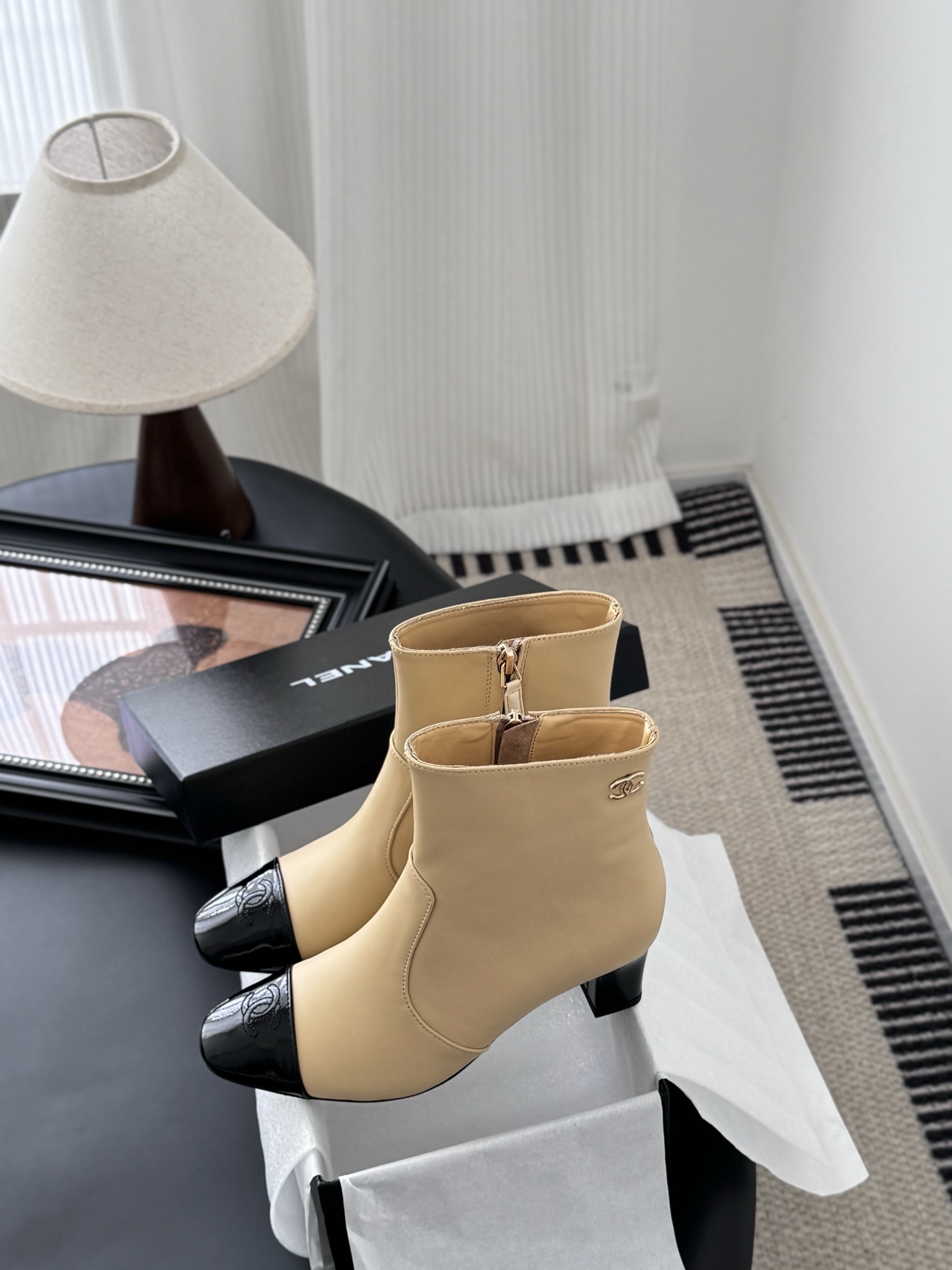 Chanel Women's Beige Leather Ankle Boots with Black Cap-toe 10 i1758732264514 8059 0 8