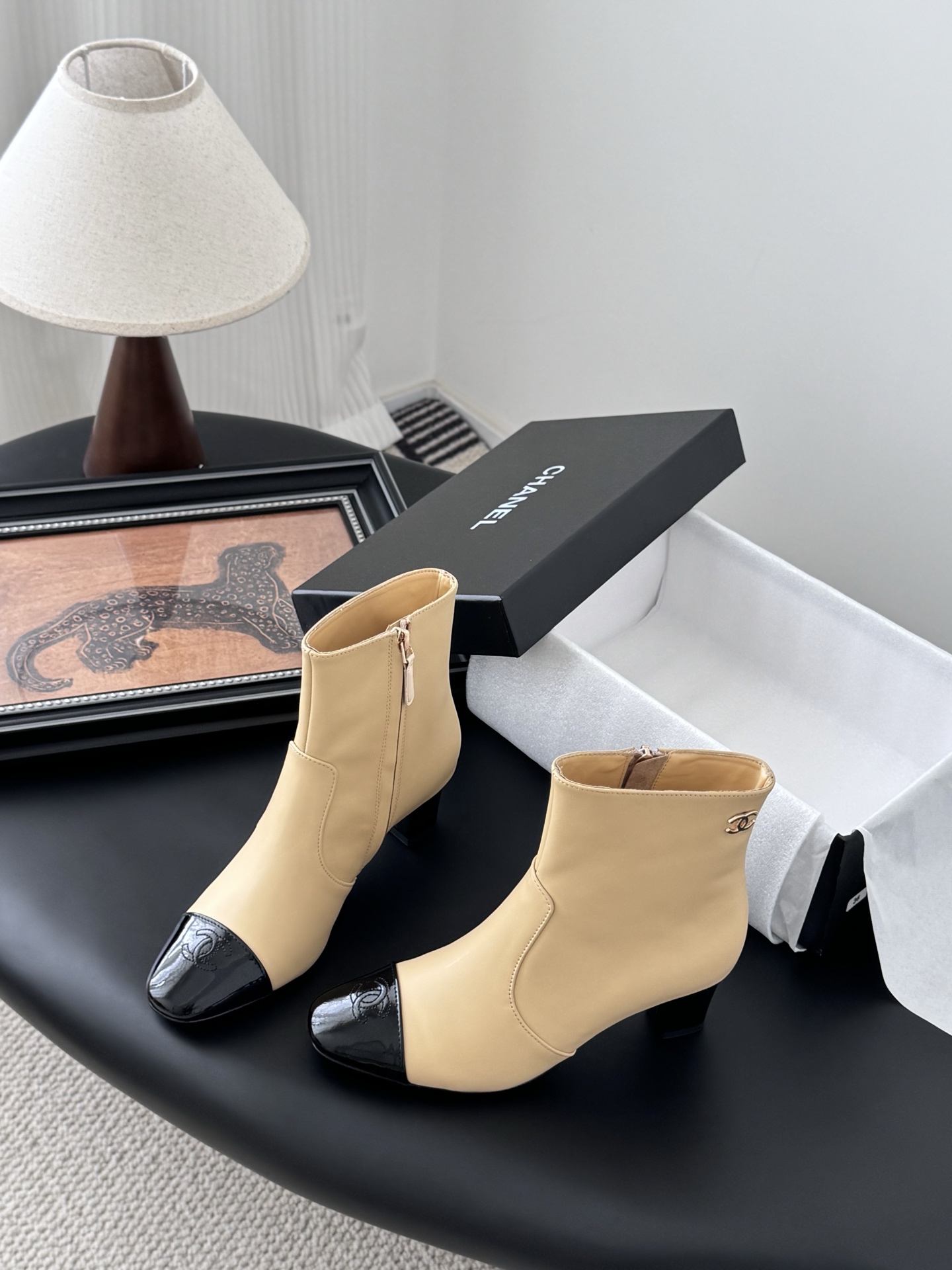 Chanel Women's Beige Leather Ankle Boots with Black Cap-toe 6 i1758732266165 256 0 4