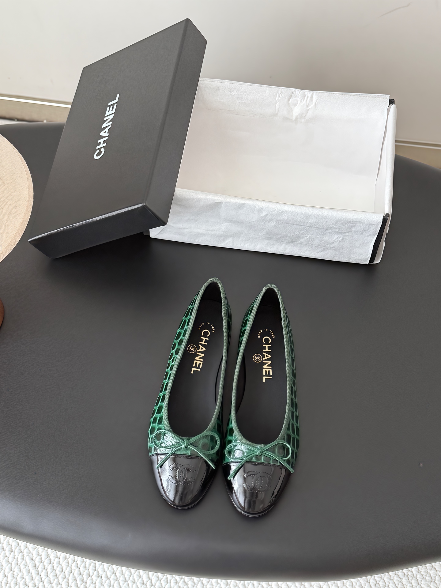 Chanel Green Croc Cap Toe Ballet Flats