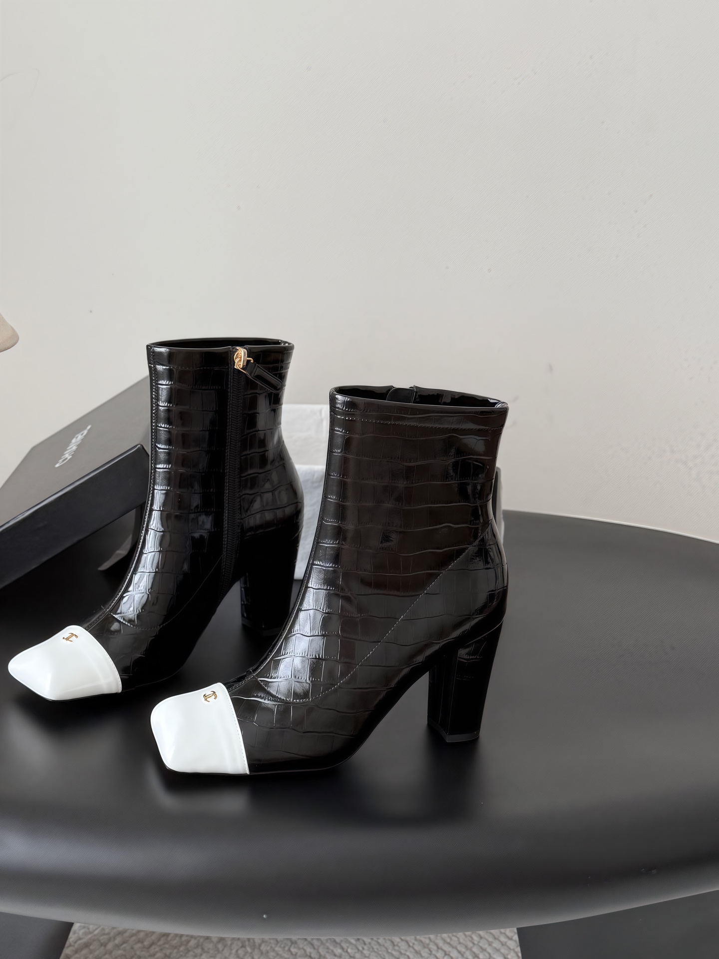 Chanel Black Croc-Effect Cap-Toe Ankle Boots