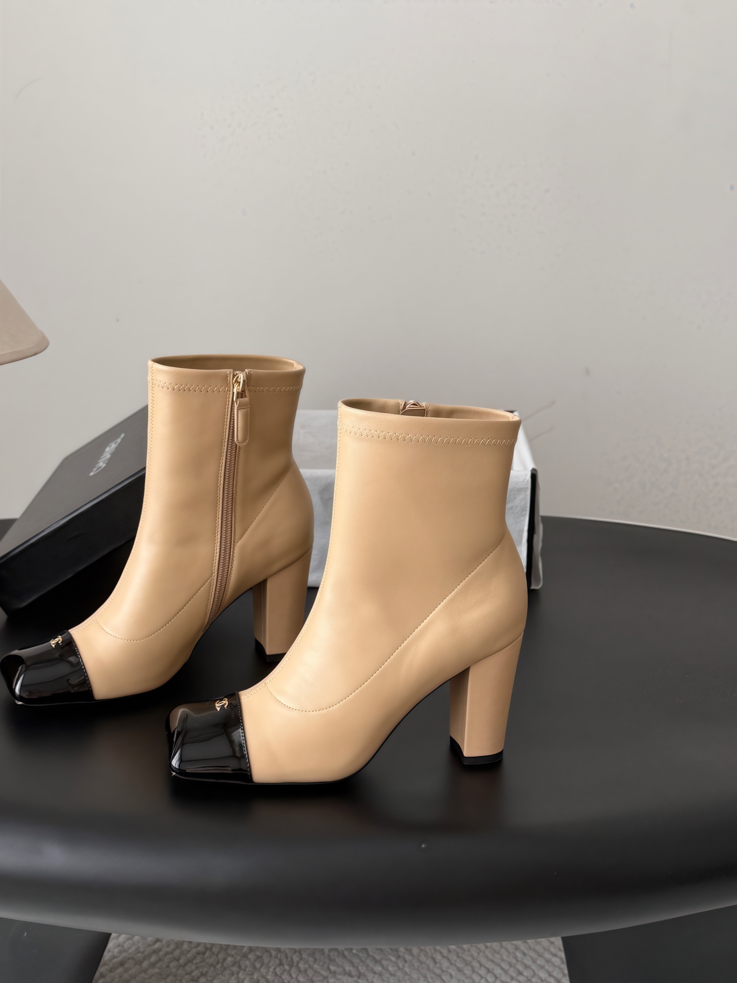 Chanel Beige Black Cap-Toe Ankle Boots