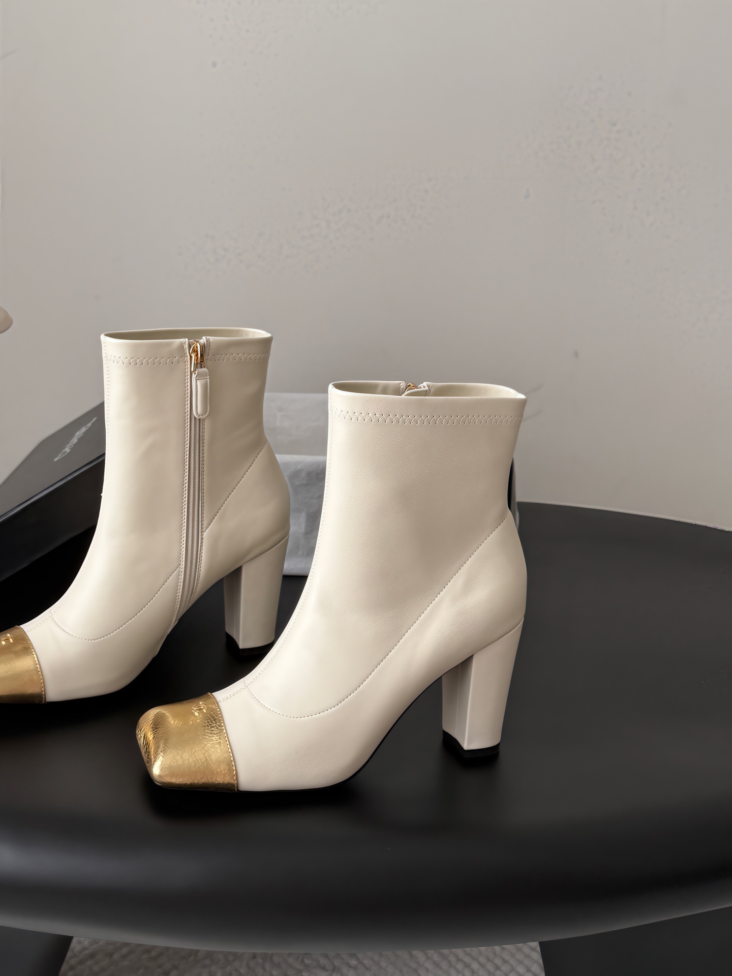 Chanel Cream Gold Cap-Toe Ankle Boots