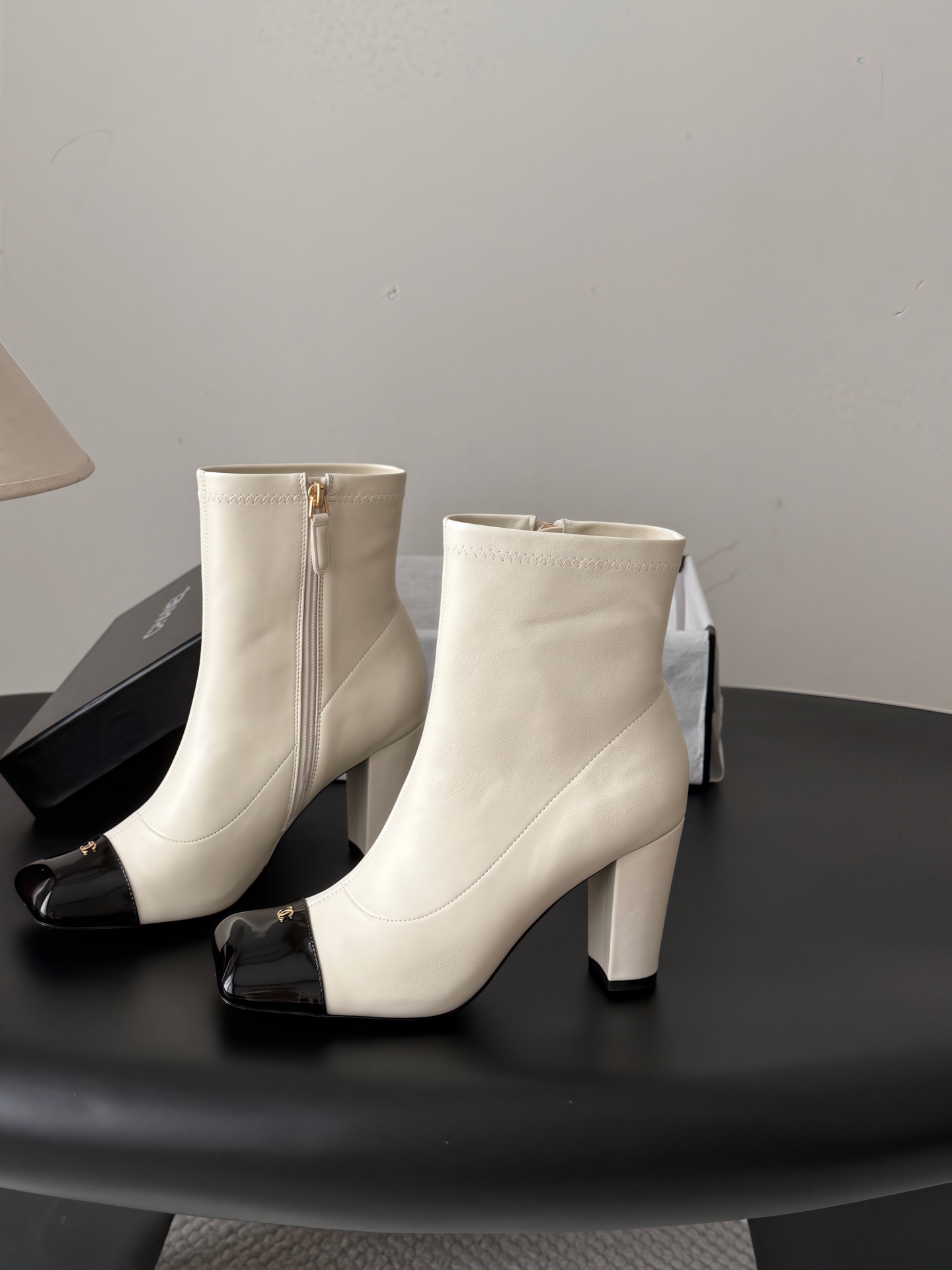 Chanel Cream Black Cap-Toe Ankle Boots