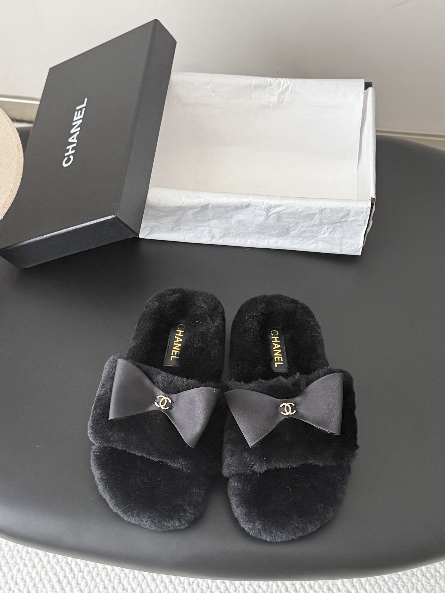 Chanel Black Bow Fuzzy Slide Sandals