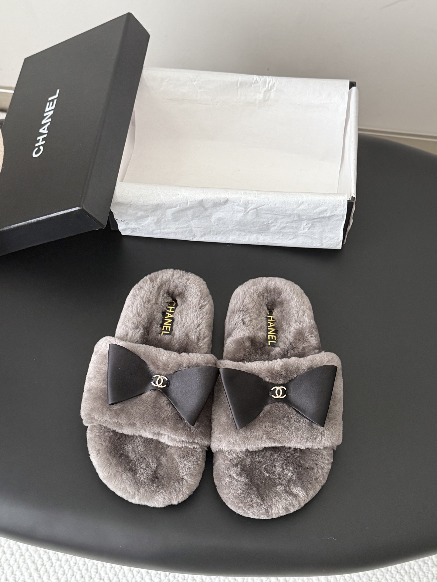 Chanel Gray Bow Fuzzy Slide Sandals