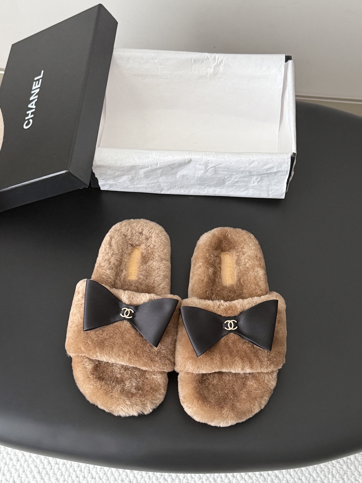 Chanel Tan Bow Fuzzy Slide Sandals