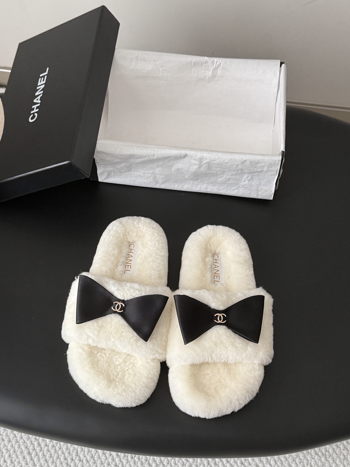 Chanel White Bow Fuzzy Slide Sandals