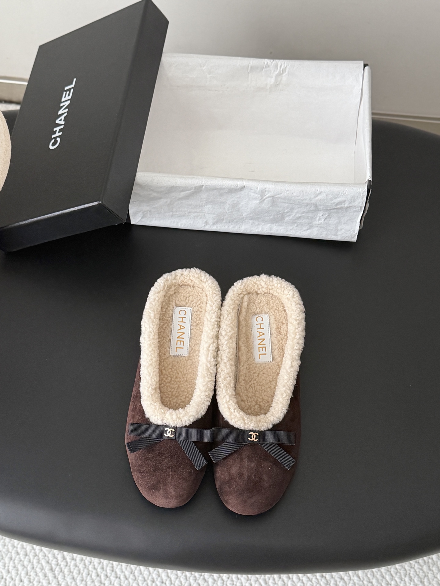 Chanel Brown Bow Fuzzy Ballet Flats