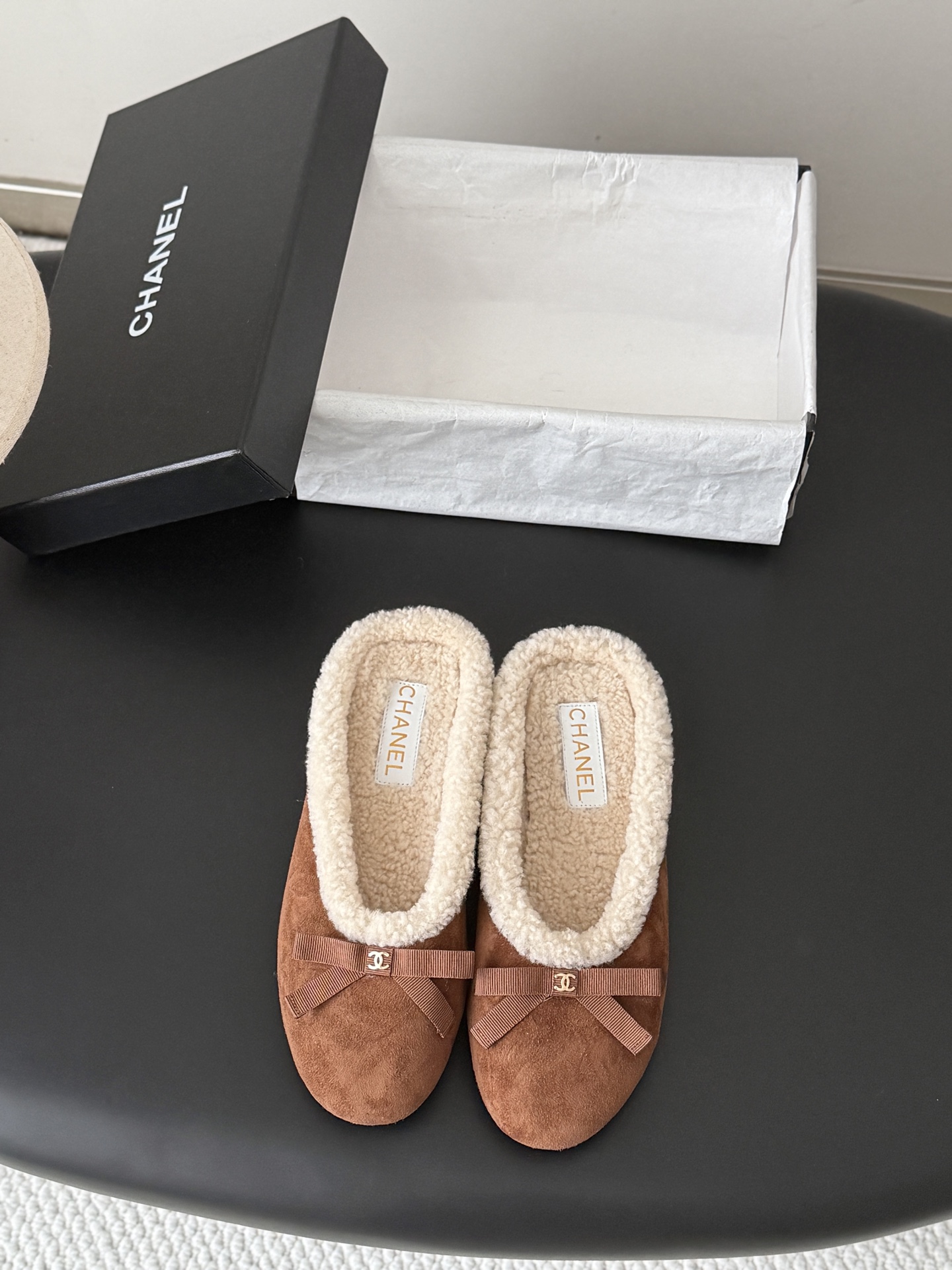 Chanel Brown Fuzzy Trim Bow Flats