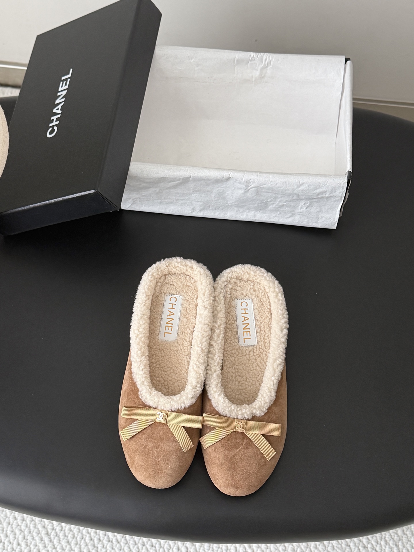 Chanel Tan Fuzzy Trim Bow Flats
