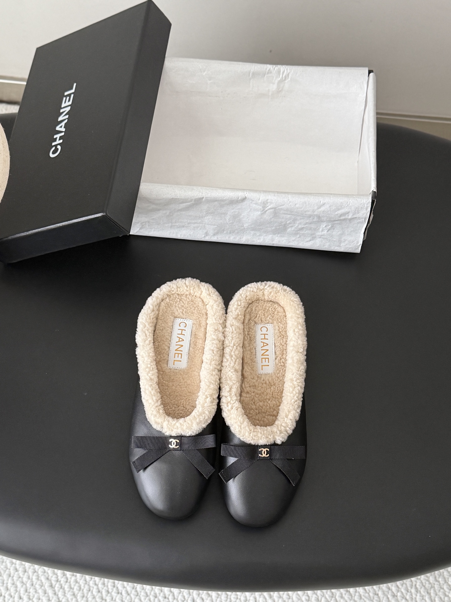 Chanel Black Fuzzy Trim Bow Flats